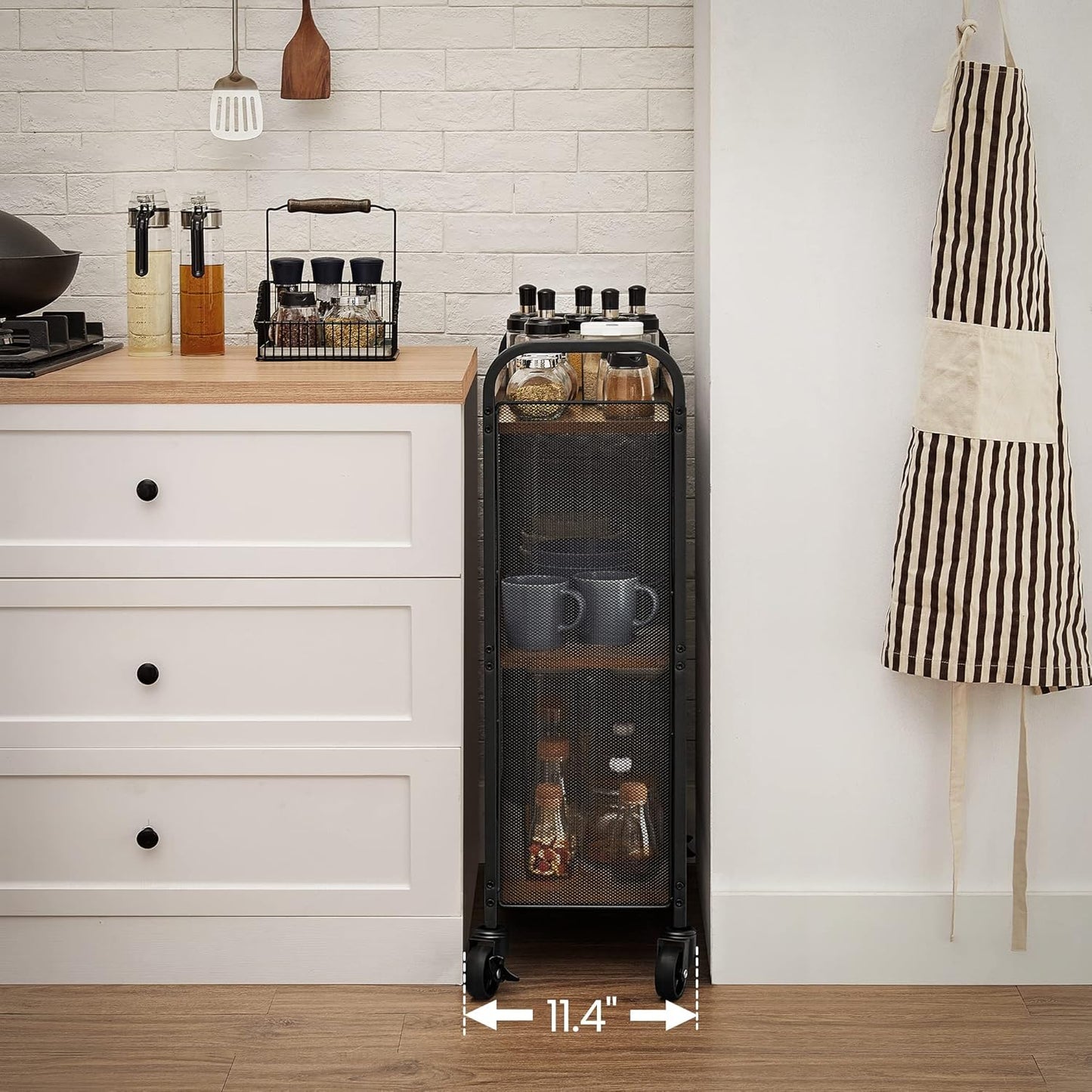 VASAGLE 3-Tier Narrow Storage Cart, Rolling Cart with Wheels, Steel Frame, Slim Storage Cart for Kitchen, Dining Room, Laundry Room, Adjustable Feet Included, Industrial Style, Rustic Brown and Black