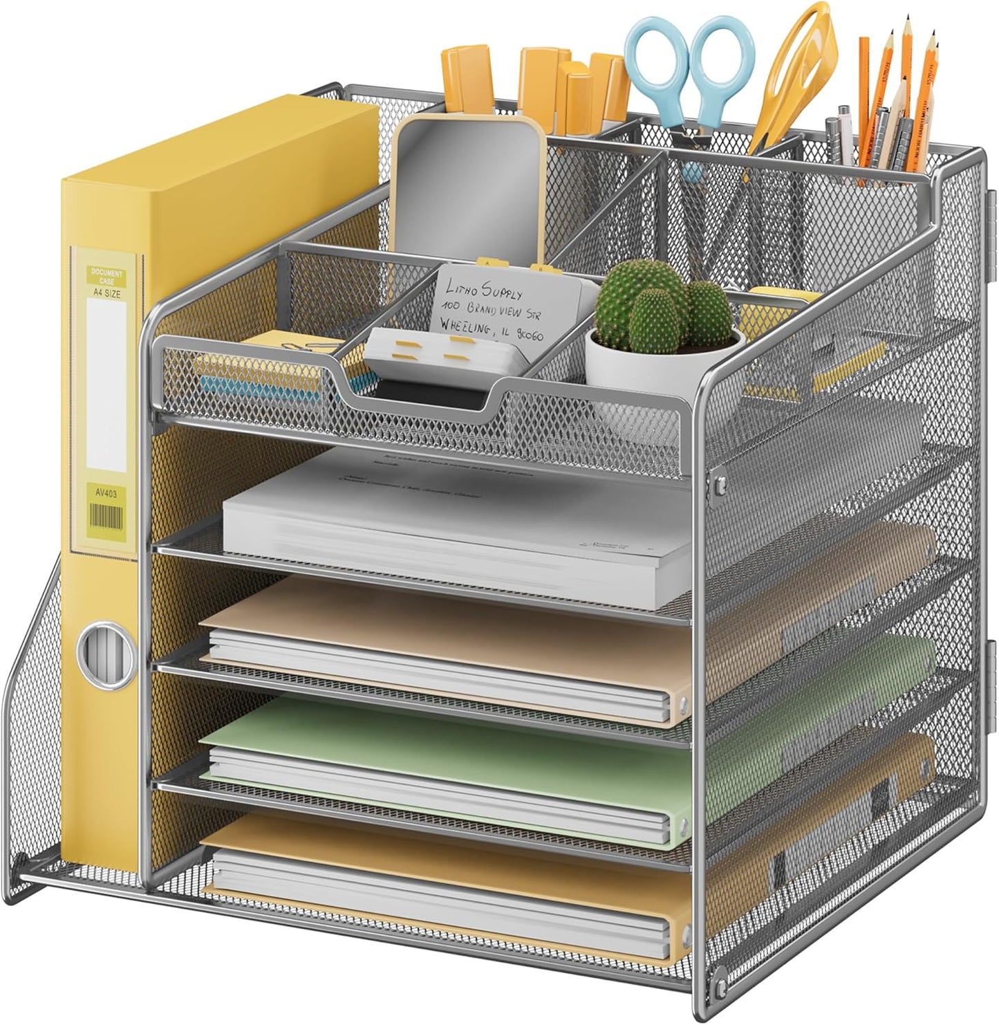 Lavatino 5-Tier Metal Mesh Desk Organizer with File Holder & 7 Customizable Compartments | Paper Letter Tray for Office or Home Desk Storage | Keep Workspace Supplies Neat & Organized, Silver