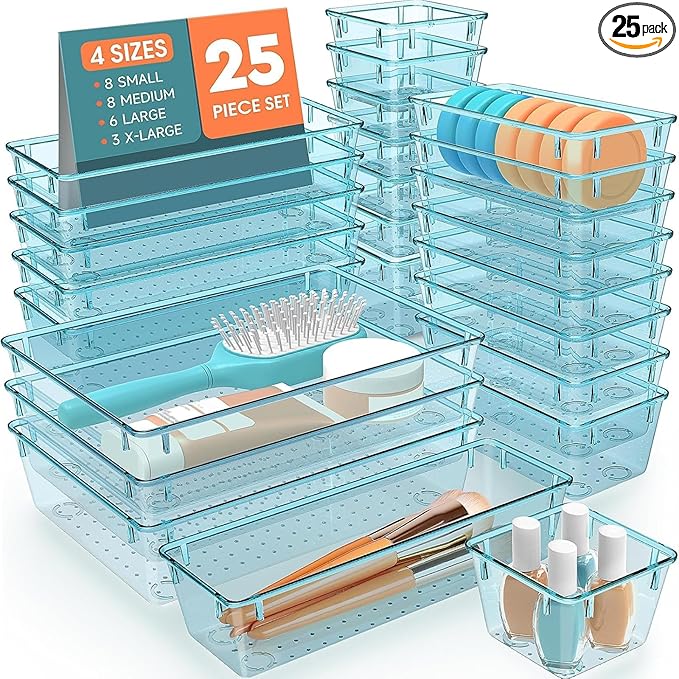 25 PCS Plastic Drawer Organizer Set, 4-Size Versatile Organizer Trays & storage Bins for Makeup, Jewelry, and Gadgets in Bathroom, Bedroom and Office, Sea Blue