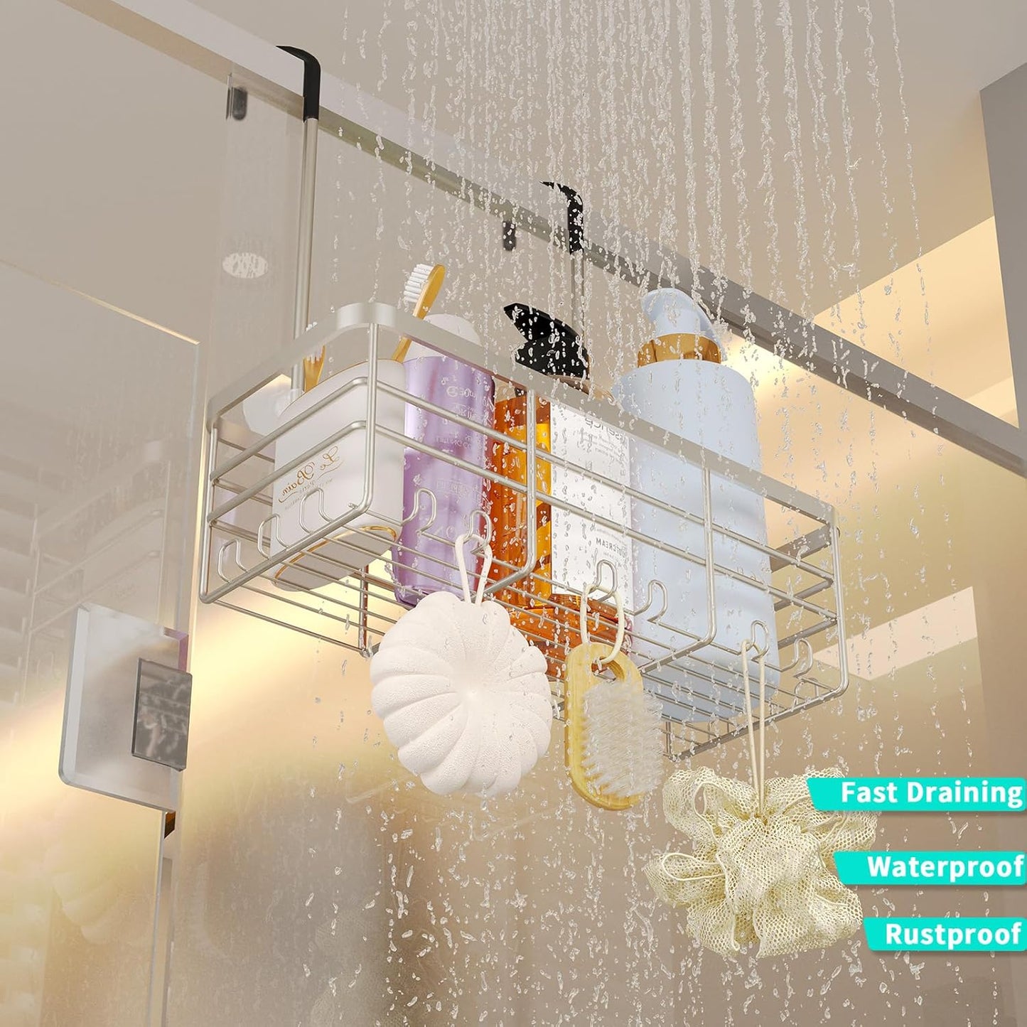 HapiRm Hanging Shower Caddy Organizer - No Drilling Shower Organizer with Hooks, Rustproof & Waterproof 304 Stainless Steel Bathroom Shelves - Brushed Nickel (1 Basket)