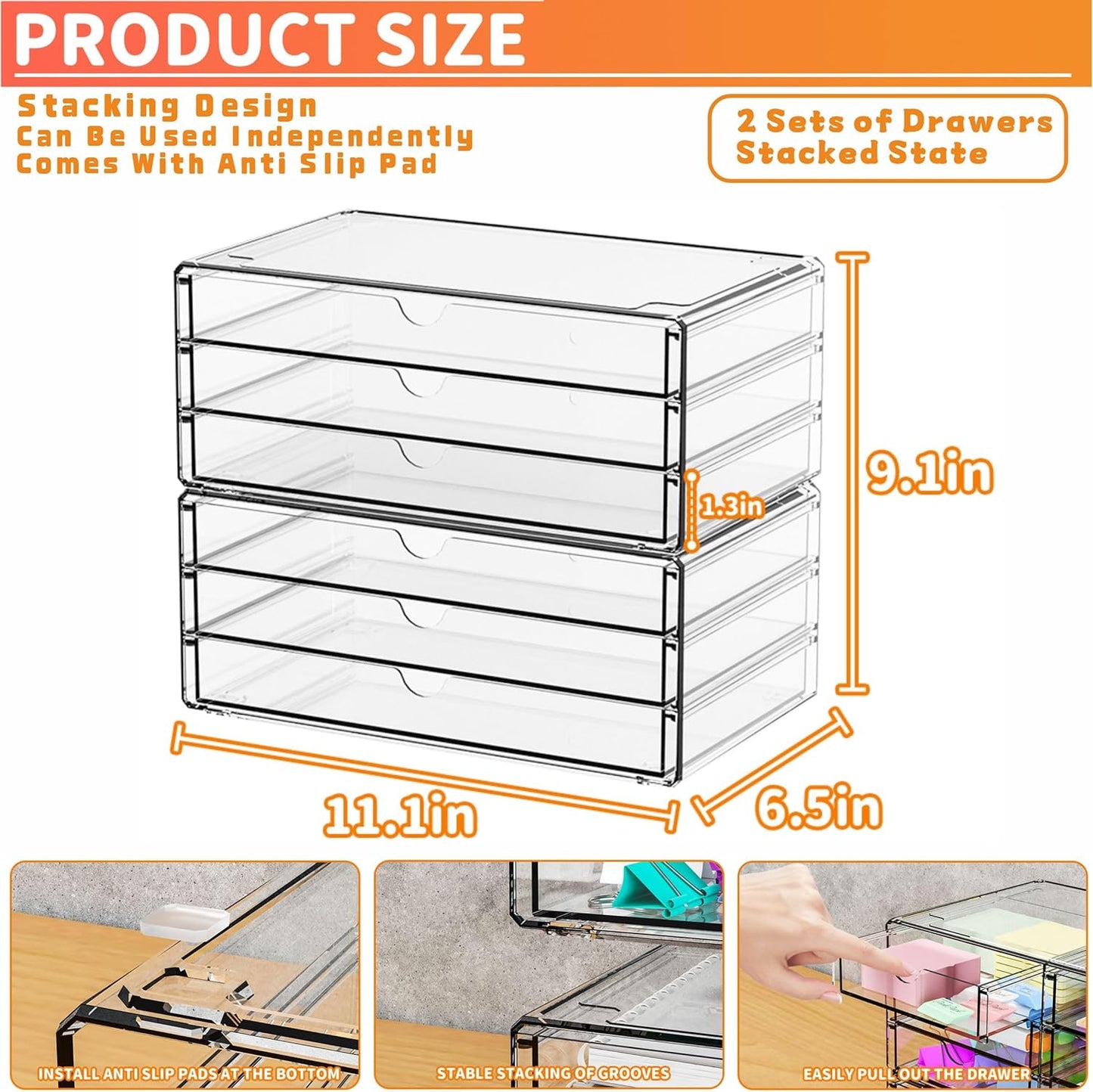 Yieach 2 Pack Acrylic Storage Drawers With 6 Drawers,Stackable Desk Organizer and Makeup Organizer,Large Clear Office Supplies Organizer for Pen,Stationary,Palettes,Arts Craft Organizers and Storage