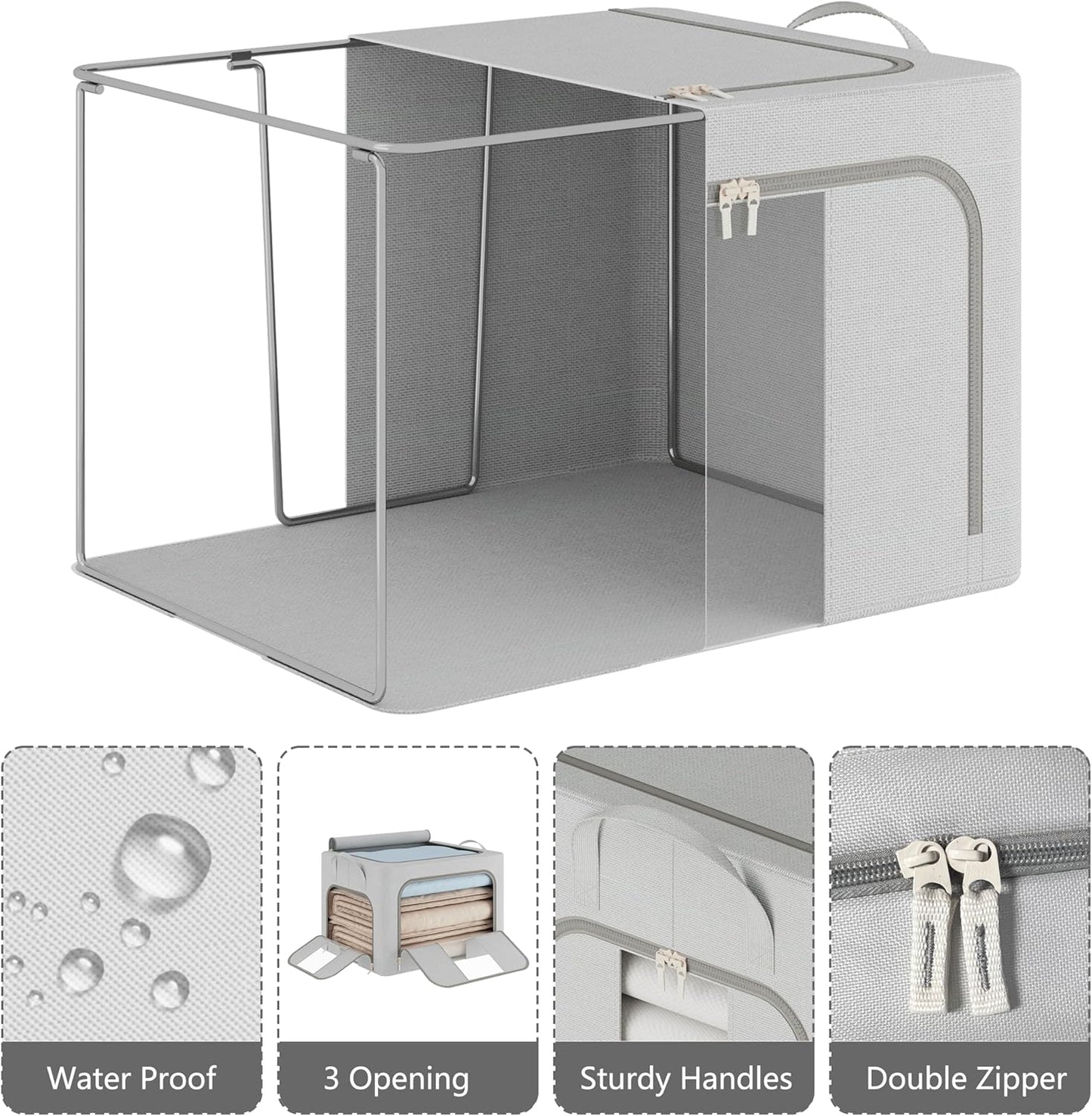 Pinkpum 3 Pack Clothes Storage Bins with Metal Frame, Closet Organizers and Storage Boxes, Stackable & Foldable Clothes Organizer Bags with Large Clear Window & Long Carry Handles, Grey 100L