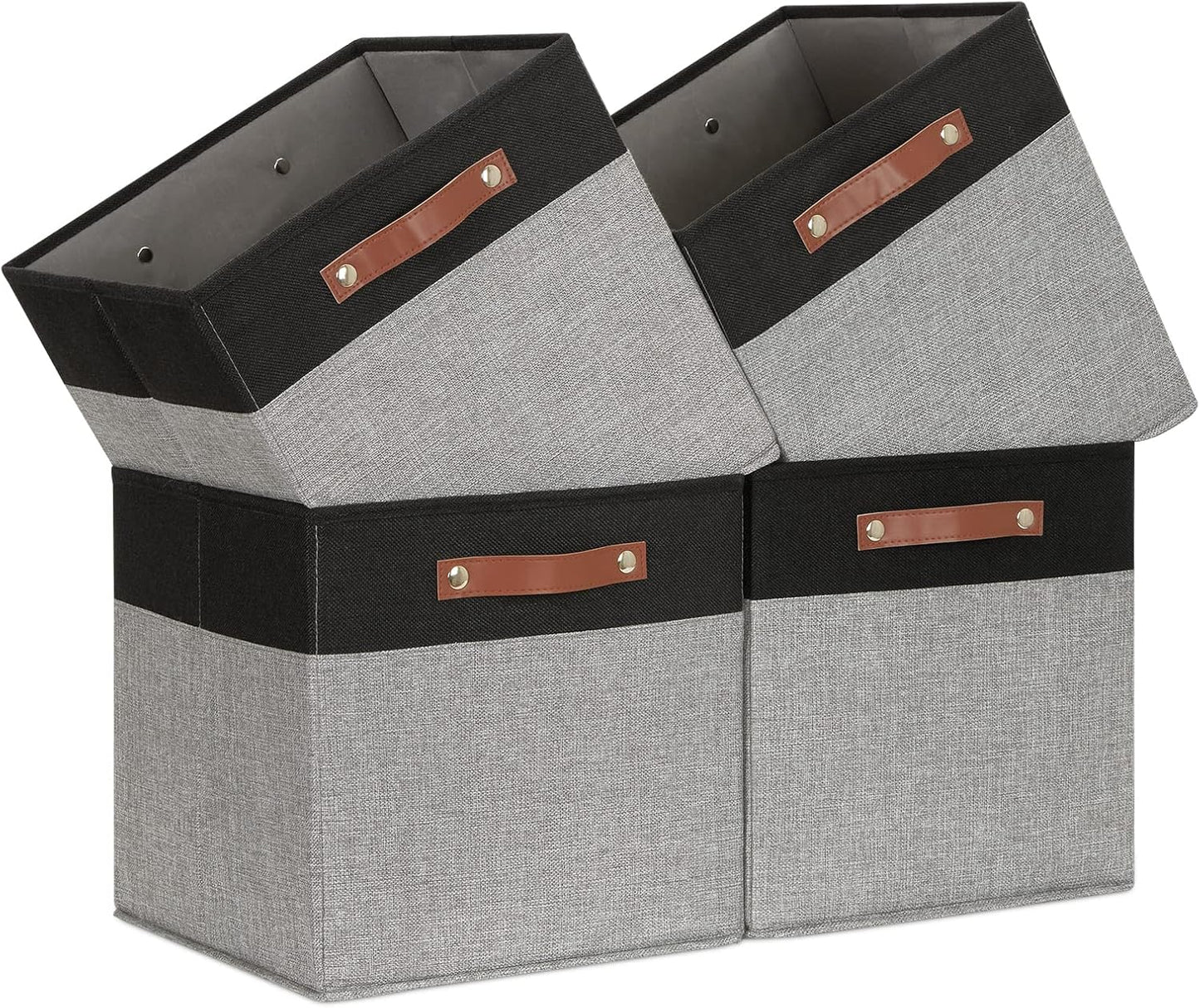 Temary 13 x 13 Storage Cubes Foldable Storage Cubes 4 Pack Canvas Storage Bin for Home, Square Storage Baskets with Leather Handles (Black&Grey)