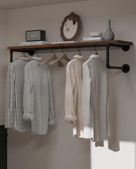 Clothes Rack 42in, Wall Mounted Garment Racks with Real Walnut Wood Shelf, Heavy Duty Hanging Clothes Rack, Multi-Purpose Hanging Rod, Space-Saving Closet Storage