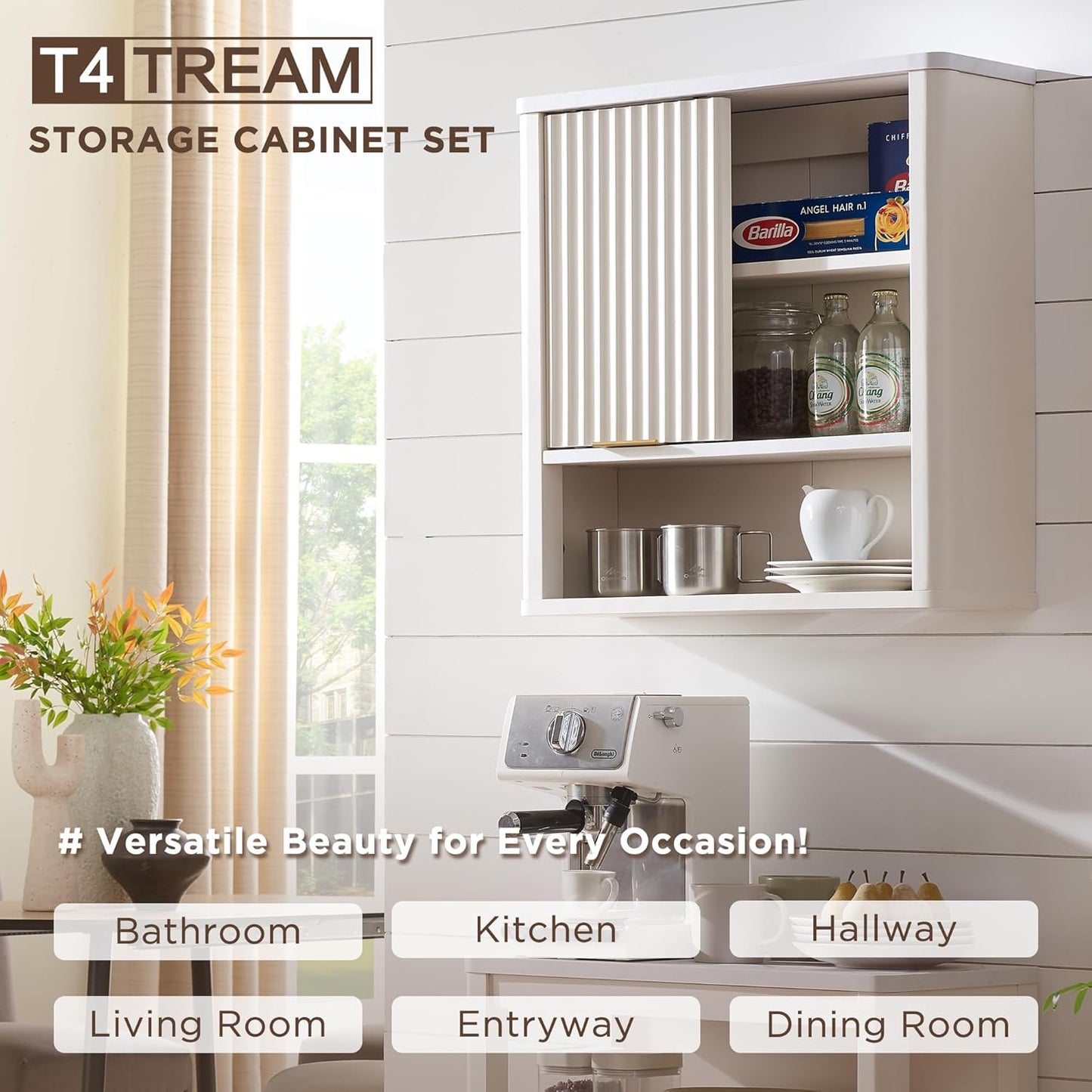 RedLemon Bathroom Wall Cabinet w/Fluted Sliding Door, Modern Medicine Cabinet w/Faux Marble Top & Adjustable Shelf, Curved Profile Wall Mounted Storage Organizer, Off White