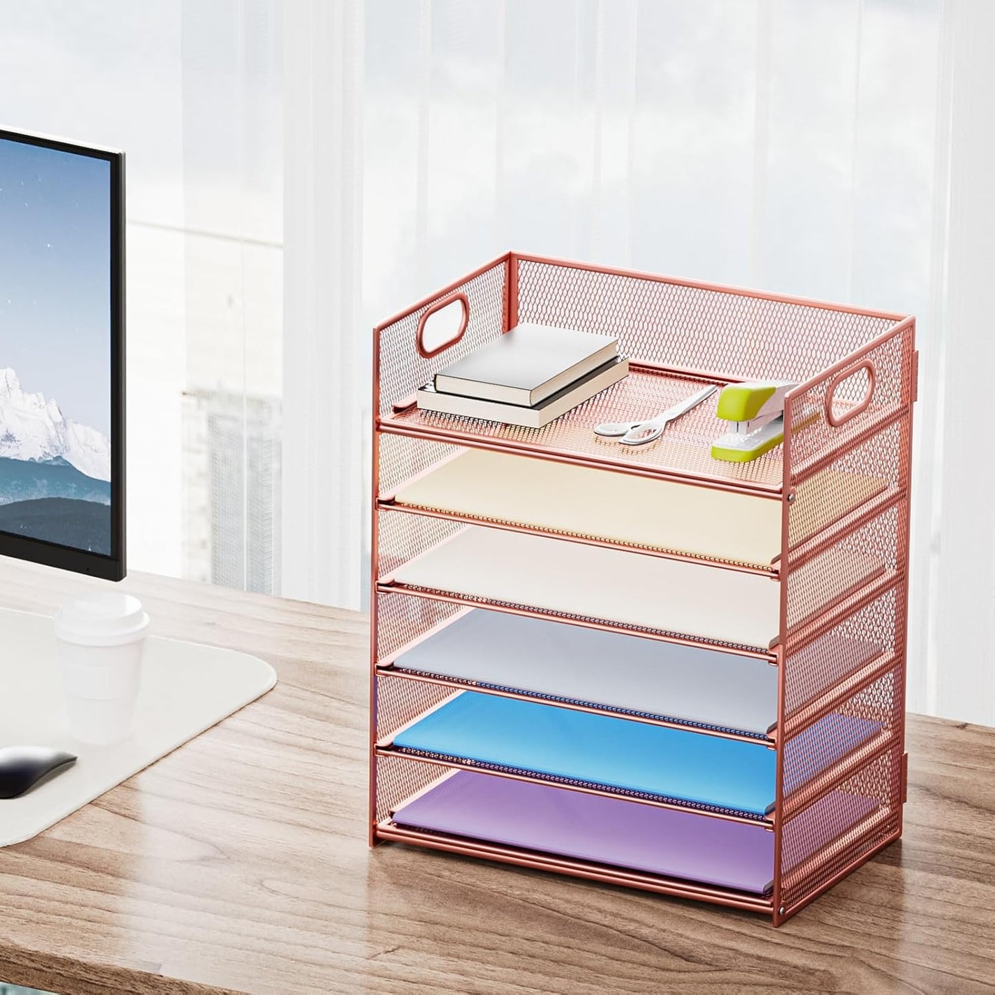 Marbrasse 6 Tier Paper Organizer Letter Tray - Mesh Desk File Organizer with Handle, Paper Sorter Organizer for Letter/A4 Office File Folder Holder - Rose Gold