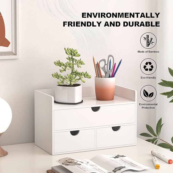 Wisuce Bamboo Desk Organizer - Mini Bamboo Desk Drawer Tabletop Cosmetic Storage Organization for Office or Home White with Shelf