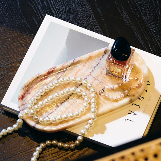 Natural Marble Decorative Tray for Countertop Organizer,Vanity Tray Trays for Jewelry Perfume Candle, Luxury Oval Stone Dish for Bathroom, Bedroom, 9.8"x4.4" Catchall Tray, Rose