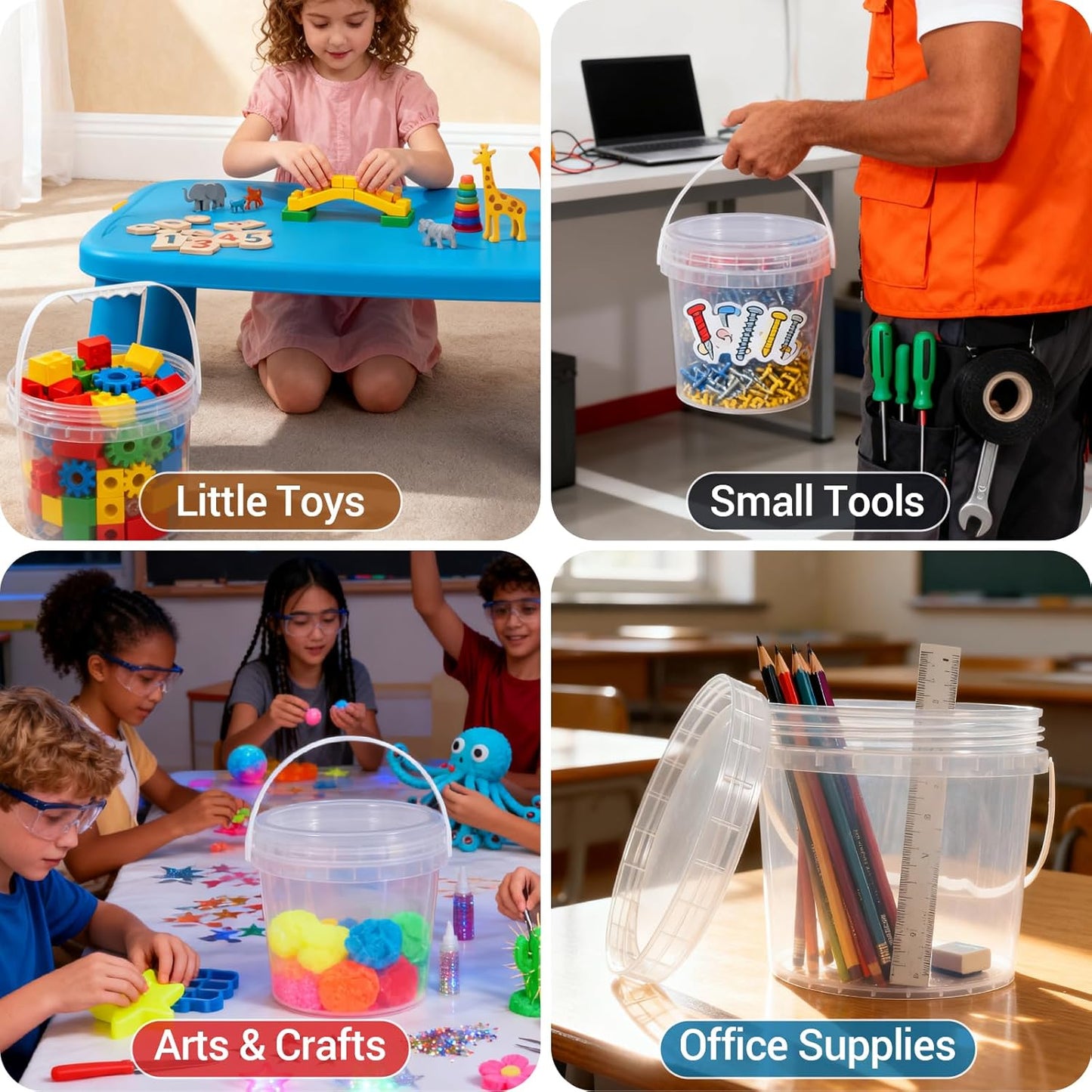 4 Pack 1 Gallon Food Grade Plastic Buckets with Screw Lids & Handle, Reusable Storage Containers for Snacks, Salad, Sauce - Clear Freezer Safe Bucket Set