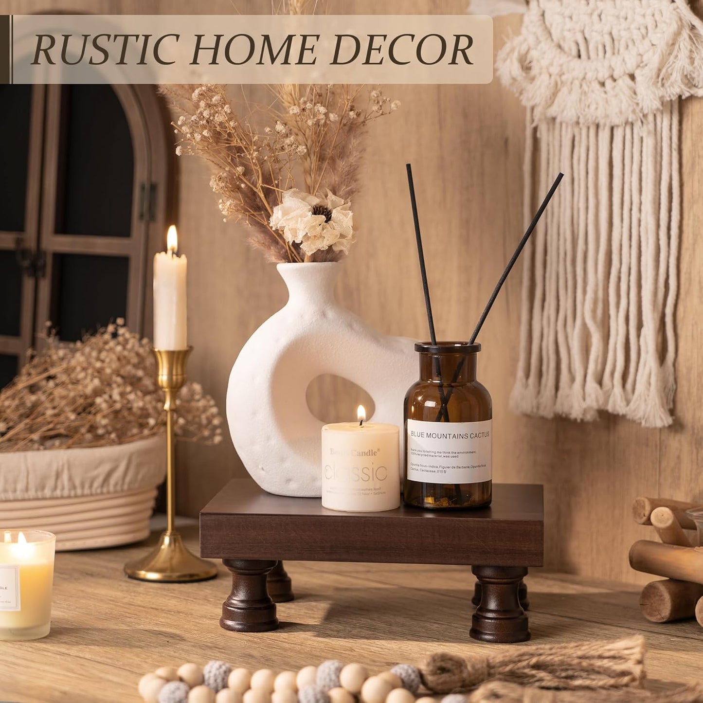 EOSAHR Decorative Display Risers for Farmhouse Decor - Acacia Wood Risers Display Stands for Bathroom Counter Organizer & Kitchen Sink Organizer (Brown Acacia Wood)