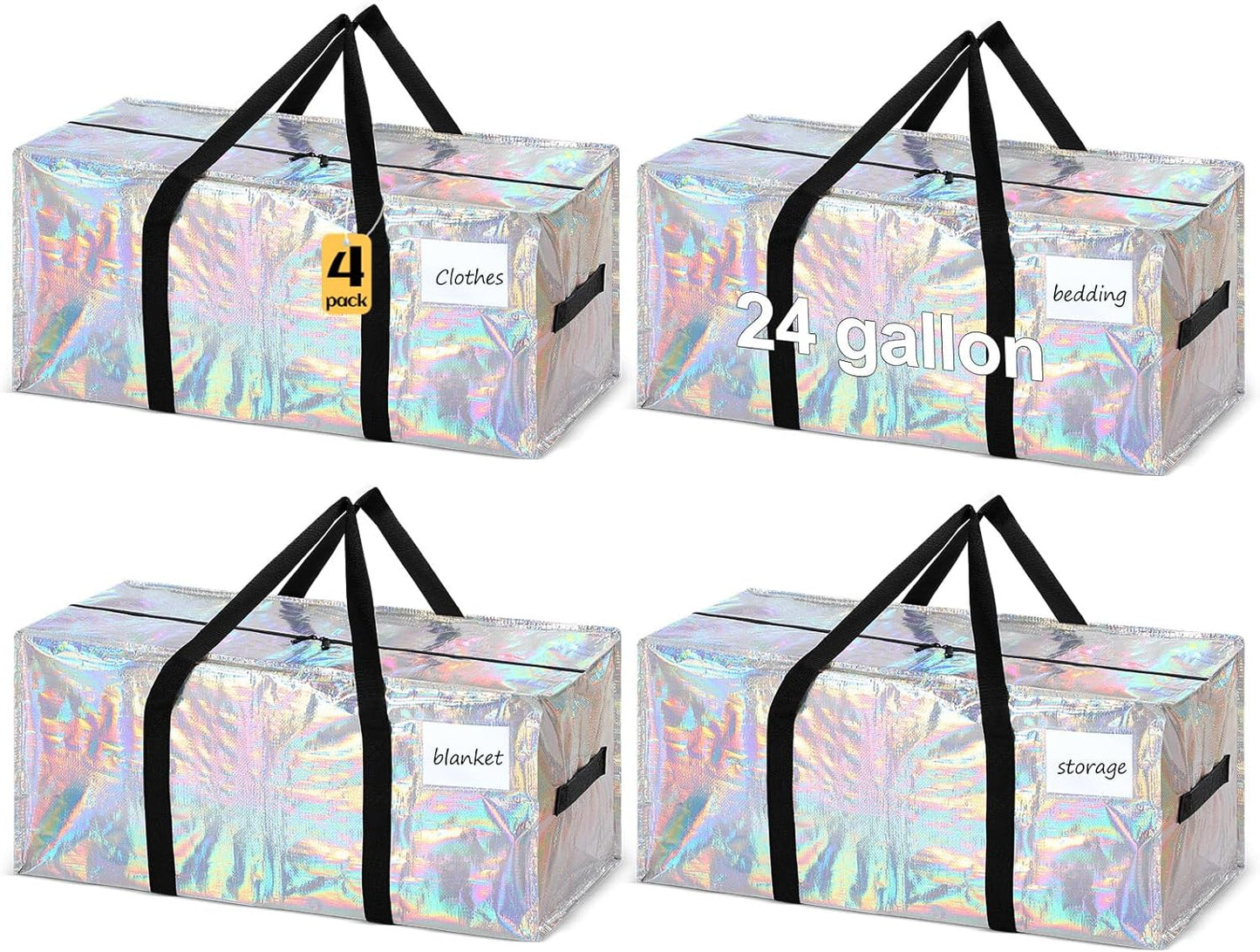 4 Pcs 24 Gallon Large Moving Bags with Zipper and Handles Foldable Storage Duffle Bags Heavy Duty Extra Large Totes for College Dorm Travel Clothes Blankets Bedding Moving (Iridescent)