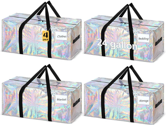 4 Pcs 24 Gallon Large Moving Bags with Zipper and Handles Foldable Storage Duffle Bags Heavy Duty Extra Large Totes for College Dorm Travel Clothes Blankets Bedding Moving (Iridescent)