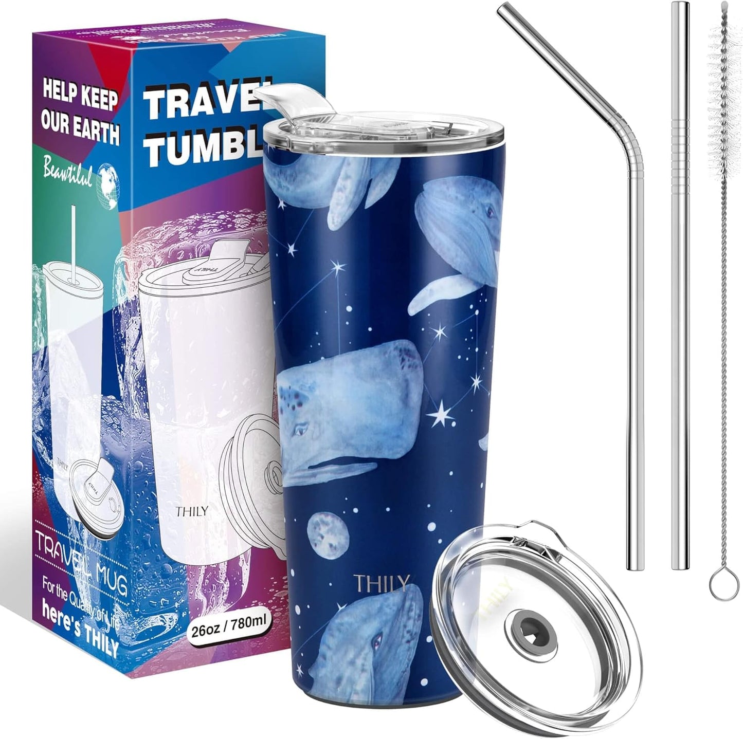 THILY Stainless Steel Vacuum Insulated Tumbler 26 oz Triple-Insulated Travel Mug with Splash-Proof Lid, Reusable, for Iced Water and Hot Beverage, Fantasy Whale