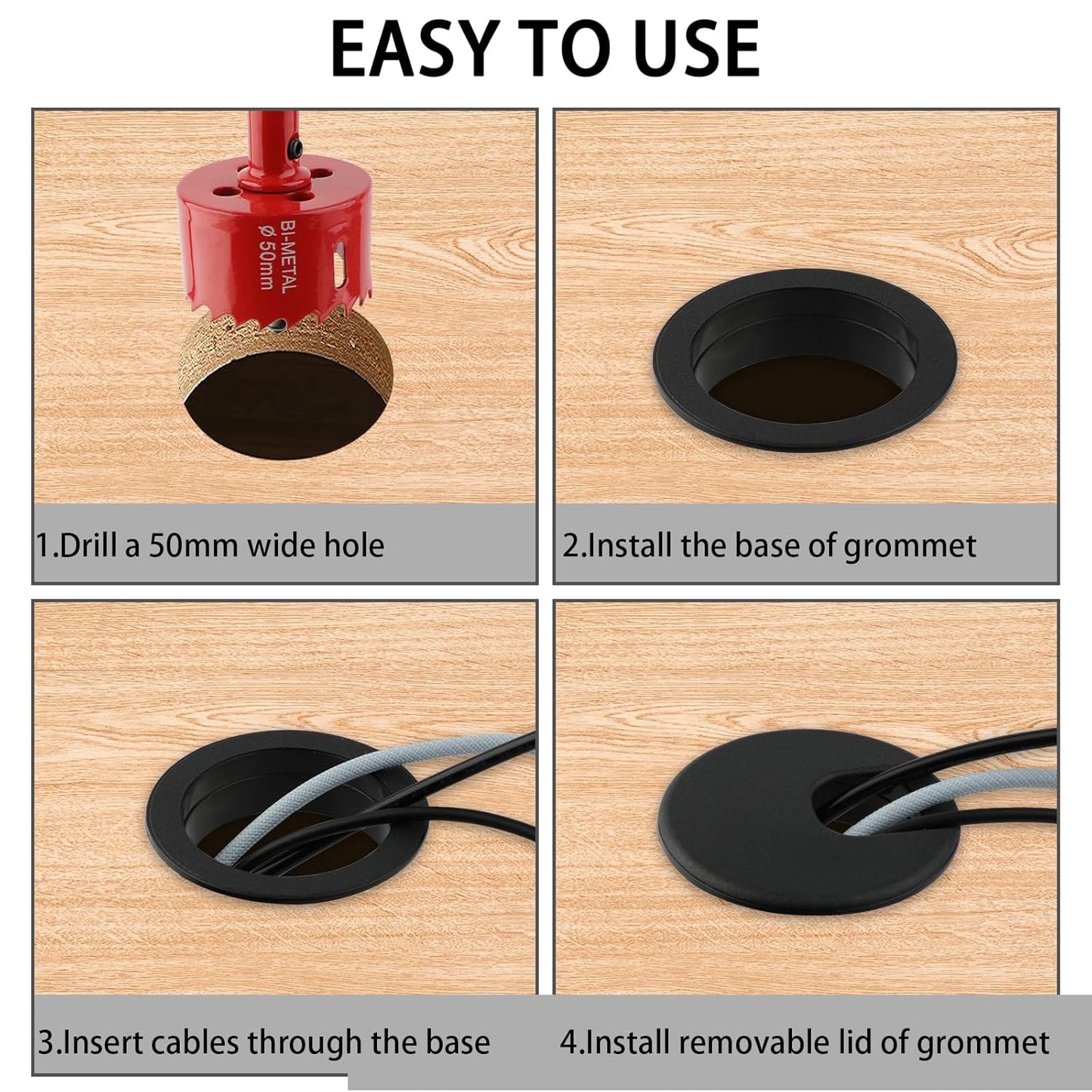 2 Inch(50mm) Desk Grommet, 13 Pieces Wire Grommet, Desk Hole Cover for Cables with Hole Saw,Plastic Cable Cord Wire Hole Cover for Desk, Table,Cabinet,Countertop and Other Furniture(Black)