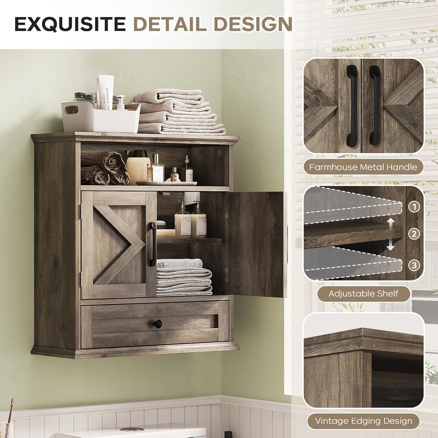 Bathroom Wall Cabinet, Wall Mounted Medicine Cabinet with Drawer, Barn Door & Adjustable Shelf, 24.4"H x 23.6"W x 9"D Grey Over Toilet Farmhouse Storage Cabinet for Kitchen, Laundry, Entryway