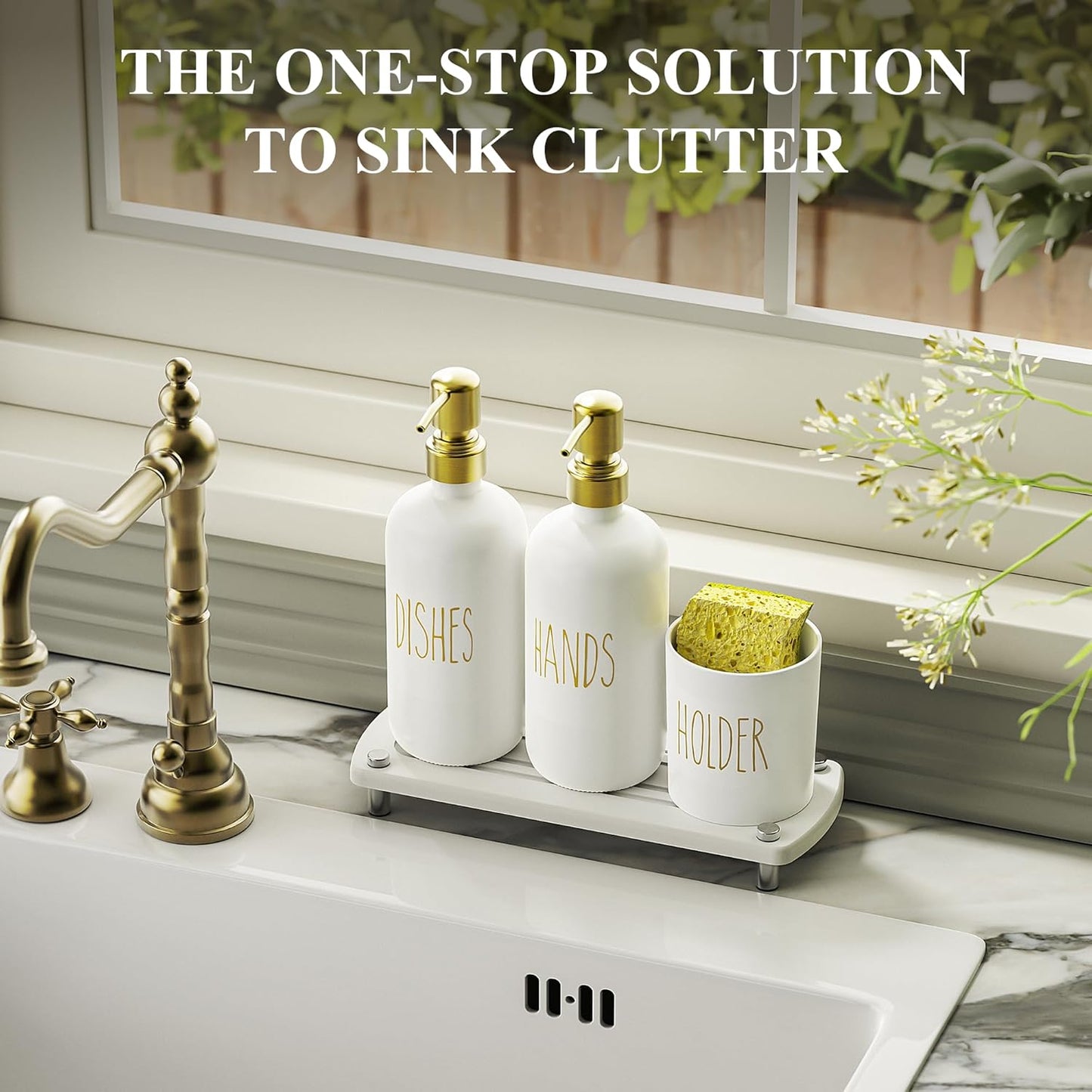 Cisily Gold Kitchen Soap Dispenser Set with Dish Brush Holder, Dish and Hand Soap Dispenser Set with Stainless Steel Pumps, Instant Dry Tray, Suitable for Kitchen Decor and Accessories(Gold&White)