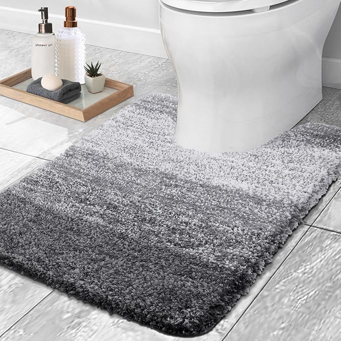 OLANLY Luxury Toilet Rugs U-Shaped 24x20, Extra Soft and Absorbent Microfiber Bathroom Rugs, Non-Slip Plush Shaggy Bath Mat, Machine Wash Dry, Contour Bathroom Mats for Toilet Base, Grey