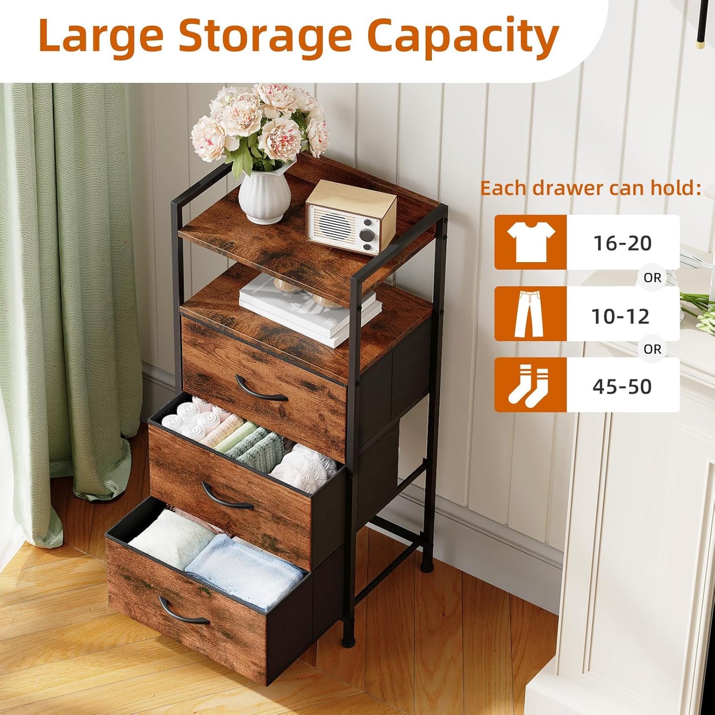 Somdot Nightstand with 3 Drawers, Dresser with Fabric Bins for Bedroom, Hallway, Entryway, Nightstand Bedside Table Furniture, Sturdy Steel Frame, Wooden Top, Easy Pull Fabric Bins, Wood Grain Print