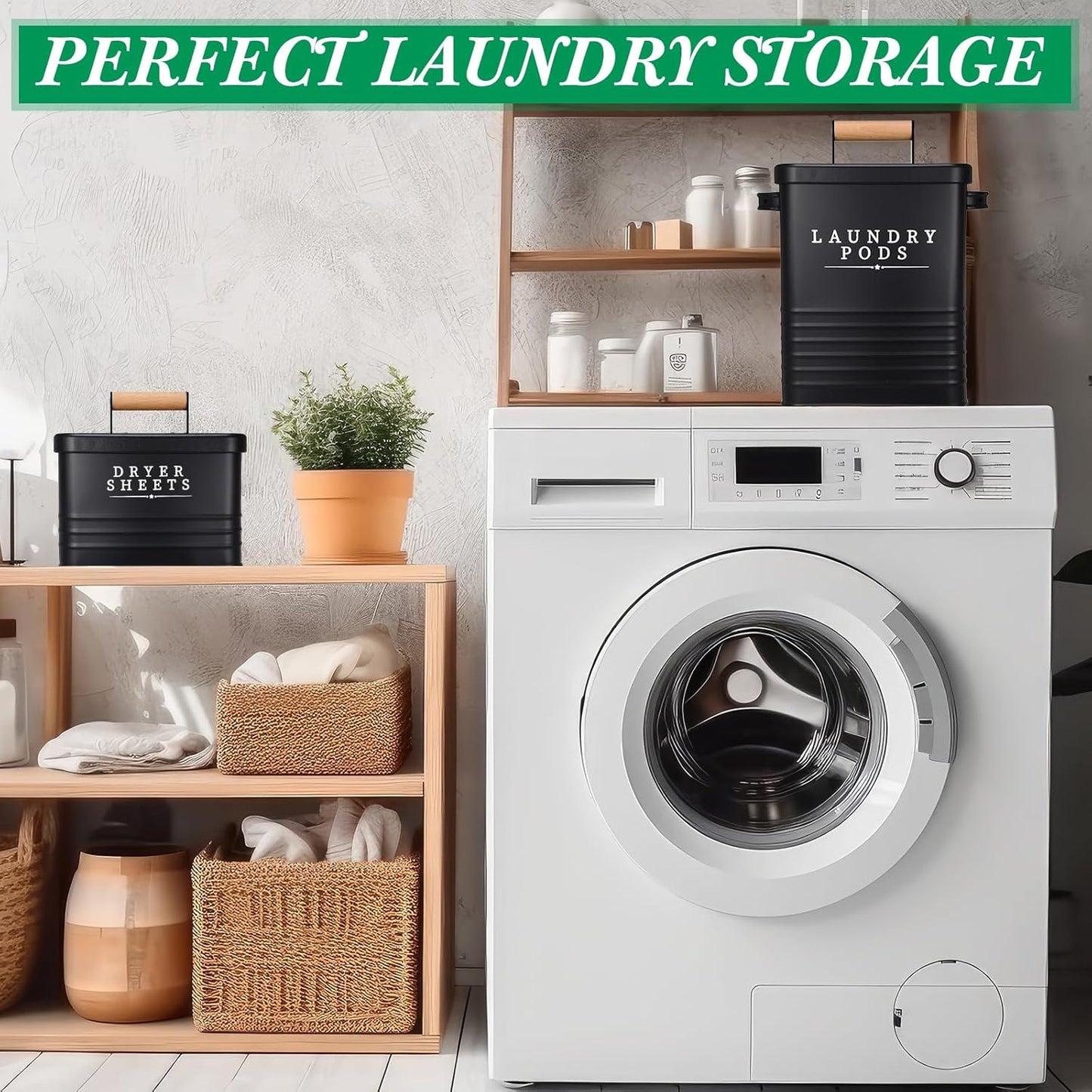 2 Pcs Laundry Pod Container with Dryer Sheet Holder Farmhouse Laundry Room Decor Organization and Storage Detergent Container Box with Lid Handle Metal Dryer Sheet Dispenser(Black)