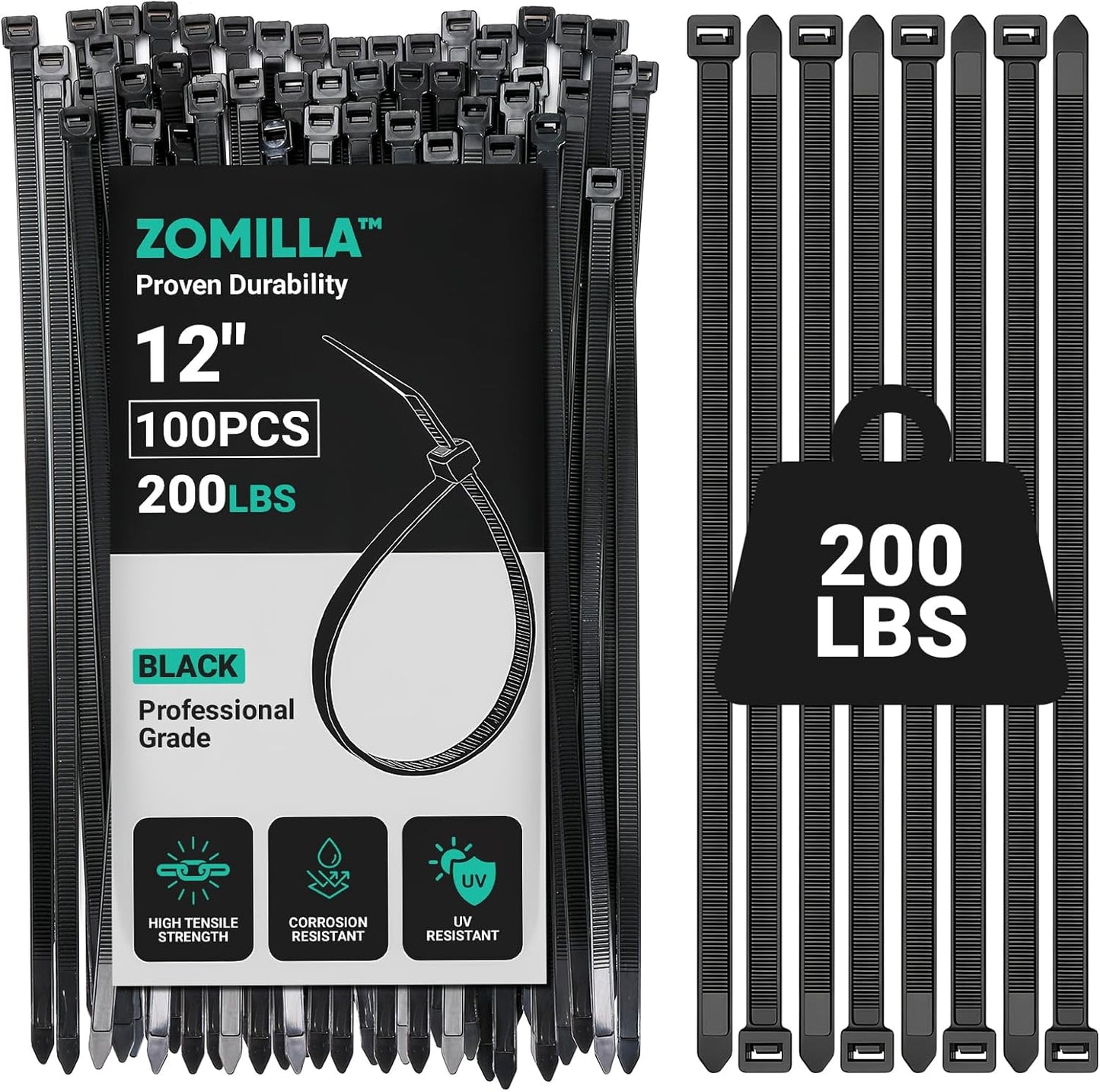 Heavy Duty Zip Ties 12 Inch, Zomilla Cable Ties With 200 LBS Tensile Strength, 100 PCS Zip Ties For Outdoor & Indoor Use, Extra Strong Self-Locking Zipties, UV Resistant Nylon Cable Tie - Black