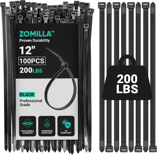 Heavy Duty Zip Ties 12 Inch, Zomilla Cable Ties With 200 LBS Tensile Strength, 100 PCS Zip Ties For Outdoor & Indoor Use, Extra Strong Self-Locking Zipties, UV Resistant Nylon Cable Tie - Black