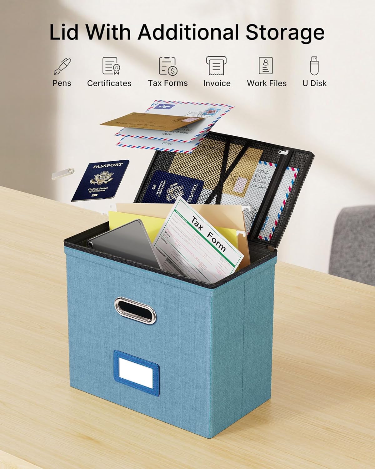 Oterri 1 Pack File Organizer Boxes with Lids, File Box with Mesh Pockets, Document Organizer Box for Letter Size Folders, Zippers Important Document Organizer (Denim, Without Folders)