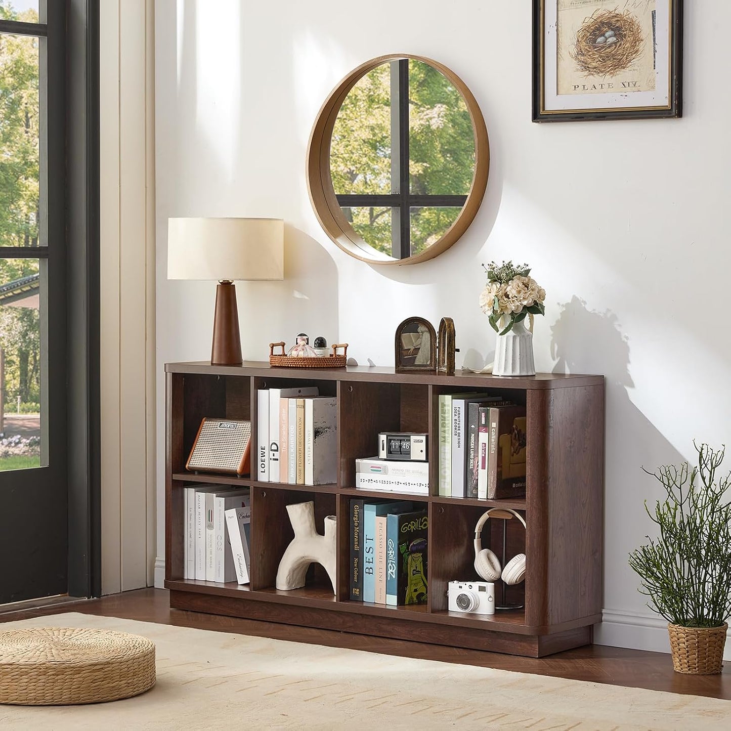 8 Cube Bookcase, 52" Long Horizontal Book Shelf w/Curved Edge, Floor Standing 2-Tier Cubby TV Stand Bookshelf with Wooden Base, Farmhouse Low Storage Cabinet for Living Room, Office, Walnut