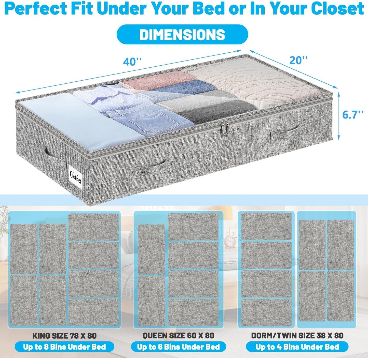4 Pack 100L Under Bed Storage Containers, Low Profile Closet Organizers and Storage Bins for Dorm, Foldable Underbed Bag for Clothes, Blanket, Sheets, Wrapping Paper, Clear Window & Dual Zippers, Grey