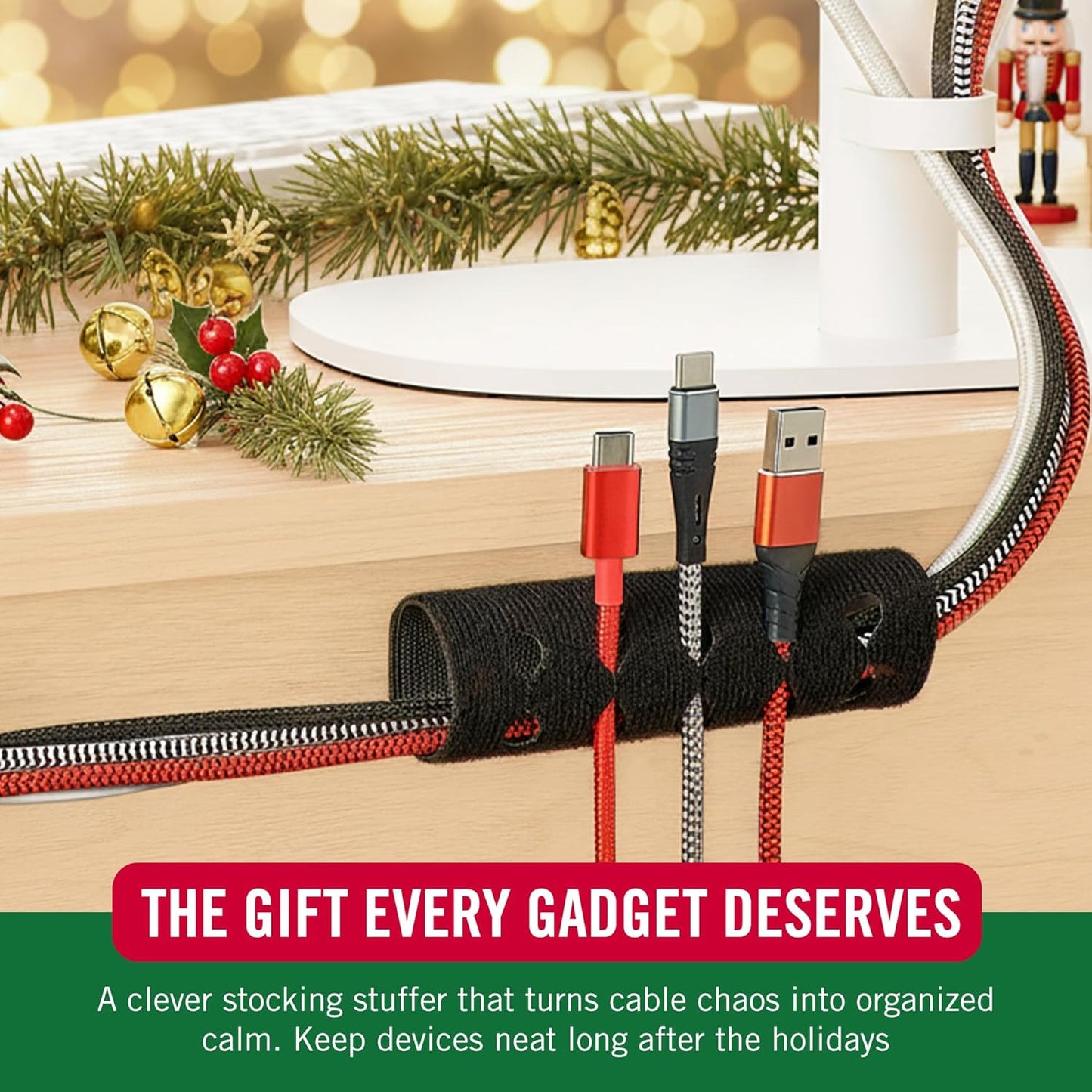 VELCRO Brand Cord Organizer for Desk & Nightstand, Stocking Stuffers for Adults, 5 Cable Slots with Sleeve Routing, Adhesive Wire Holder for Cord Management, Home, Office & Gaming, Black 2 Pack