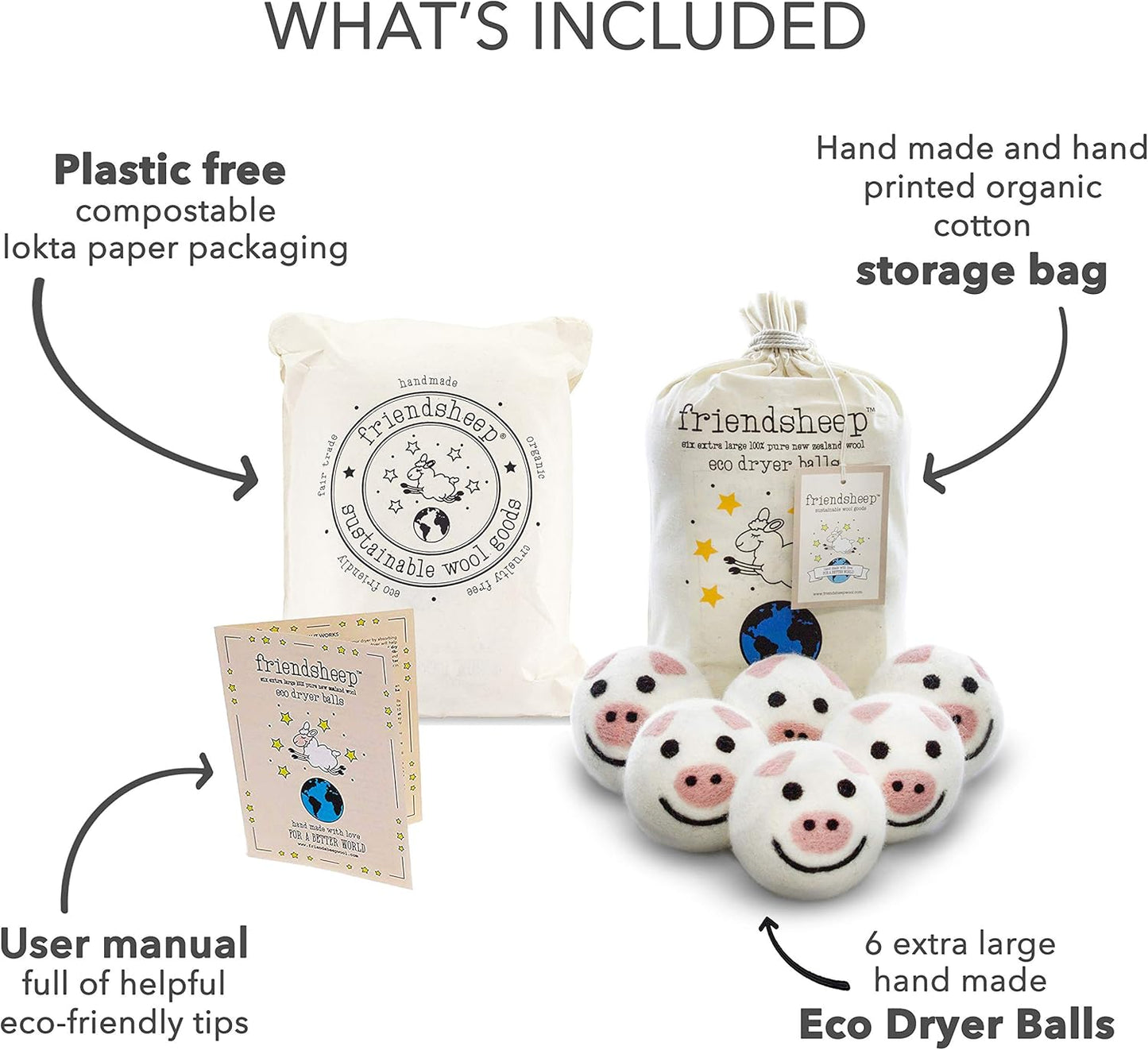 Friendsheep Wool Dryer Balls, Organic Reusable Fabric Softener Alternative for Laundry, Handmade, Fair Trade, Hypoallergenic, Eco-Friendly, Plastic-Free (6 Pack XL – Pig- Piggy Band)