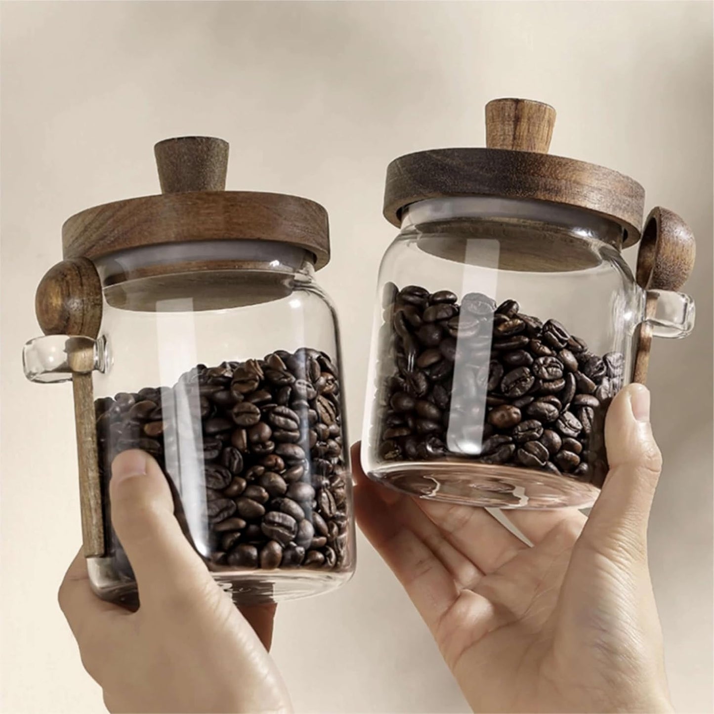 Glass Food Storage Jar with Acacia Wooden Lid and Spoon, Airtight Container for Cereals, Cookies, Snacks, Kitchen Canister Set (1 Pcs, Small/13.5oz)