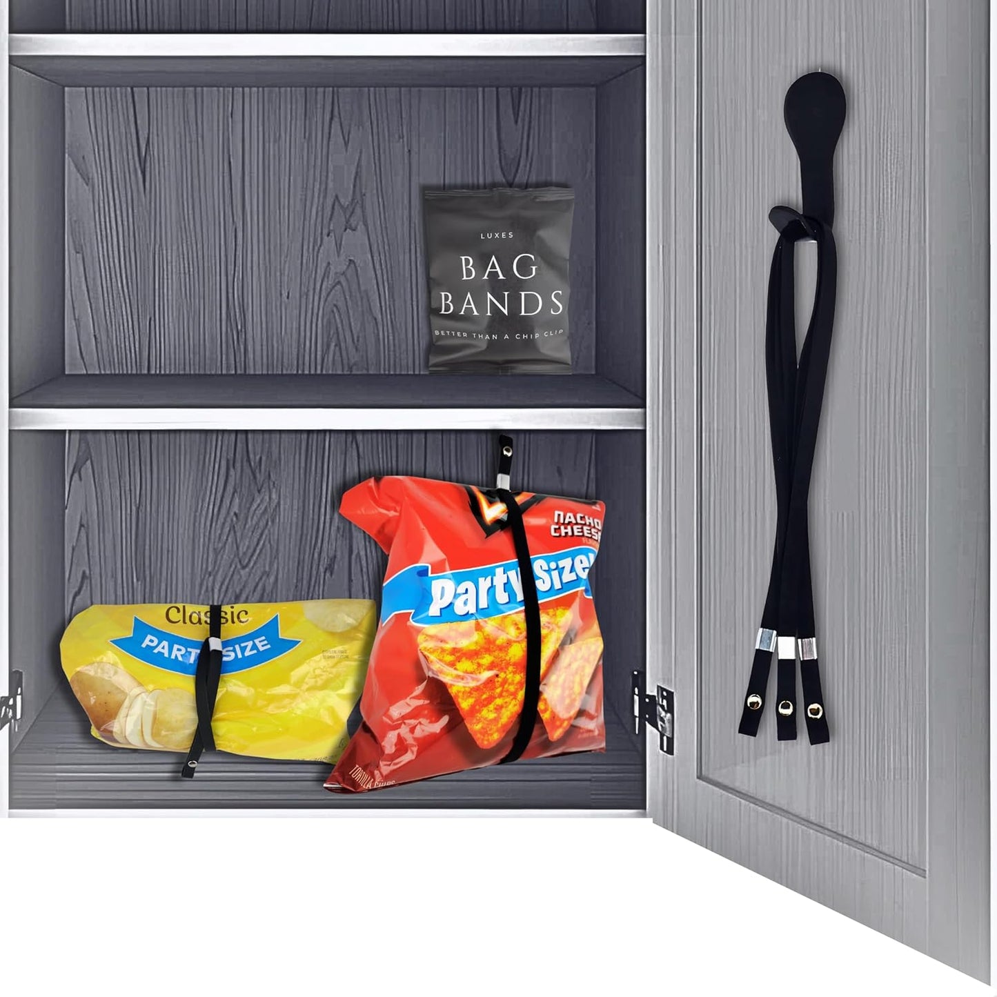 Luxes- Cabinet Kit | Band & Mount System-Keeps Snack Bags Fresh | Luxury Cabinet/Pantry Organizing Curated Set | Premium Adjustable Bands (5ct) + Storage Hook | Chip Clips Bag Bands System (Black)