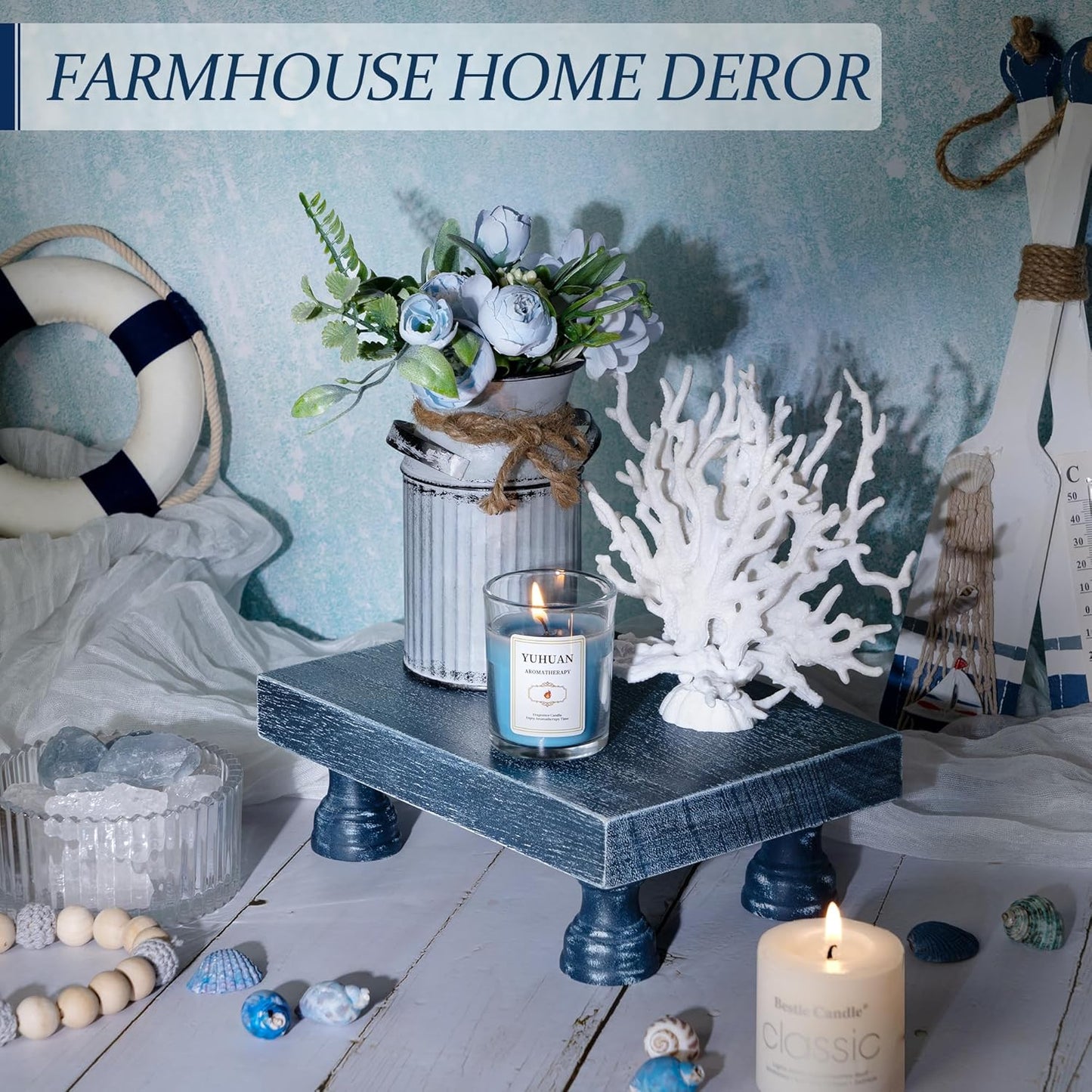 Decorative Display Risers for Home Decor - Wood Pedestal Stand for Kitchen Decor and Countertop Organizer - Ideal for Apartment Essentials (Blue)