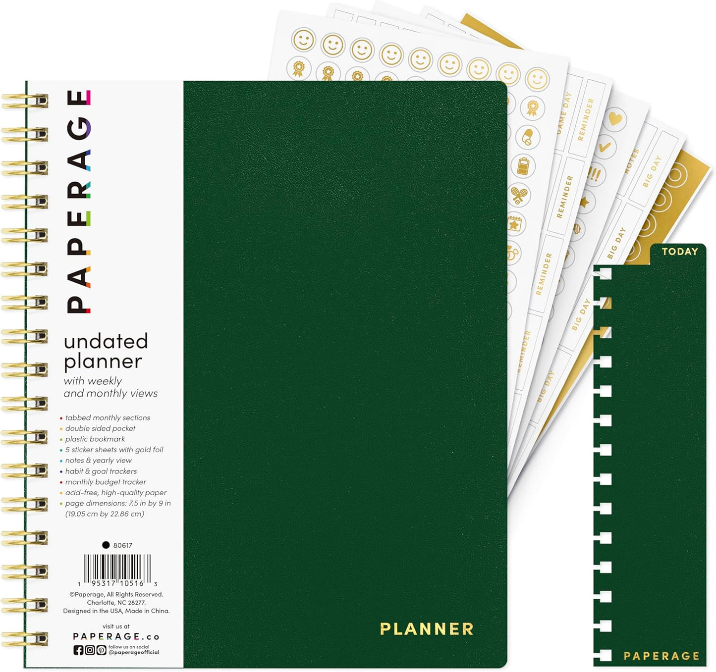 PAPERAGE Undated 12 Month Weekly & Monthly Planner with Durable Cover & Spiral Binding, 7.5 in x 9 in, Productivity Planner with Note Pages, Goals & Budget Trackers, Stickers & Bookmark (Dark Green)