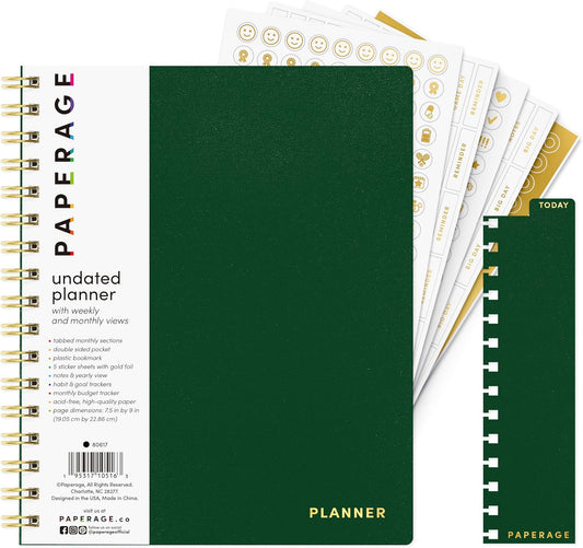 PAPERAGE Undated 12 Month Weekly & Monthly Planner with Durable Cover & Spiral Binding, 7.5 in x 9 in, Productivity Planner with Note Pages, Goals & Budget Trackers, Stickers & Bookmark (Dark Green)