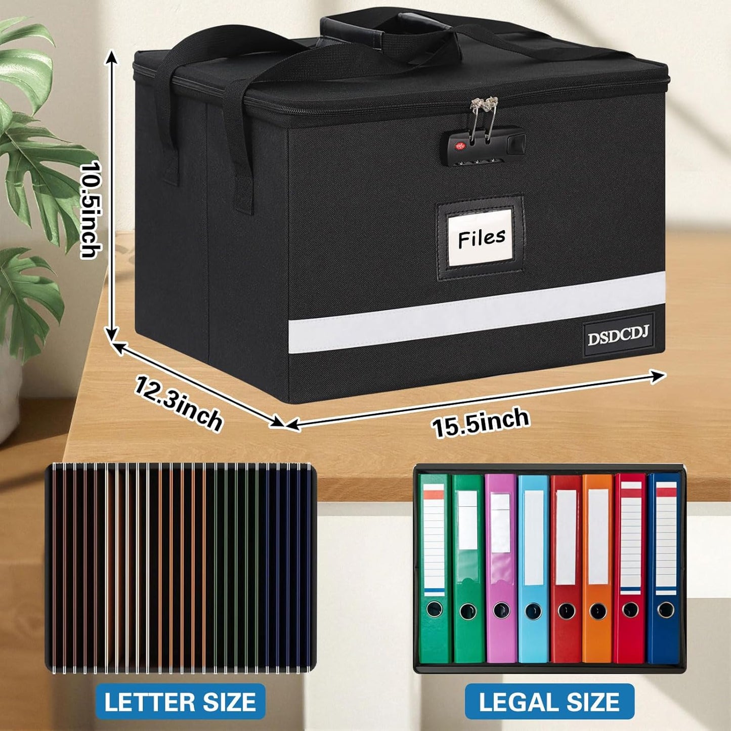 File Box with Lock - Portable File Organizer Box with Handle, Sturdy Important Document Organizer with Label, Slide, Reflective Strip for Hanging Letter/Legal Folder