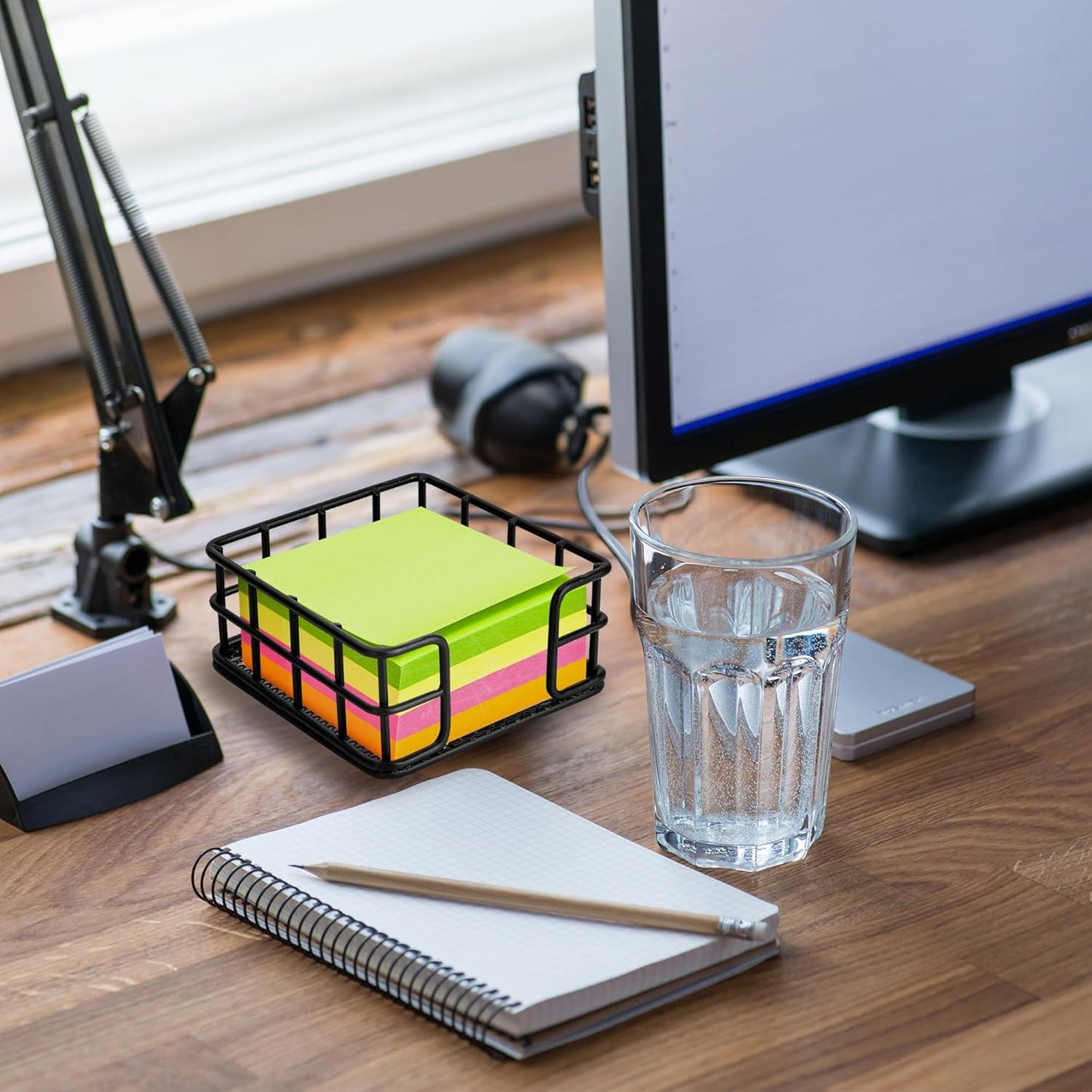 2 Pack Metal Sticky Note Holder, Modern Minimalist Black Wire Memo Note Cube Holder Dispenser Desk Organizer with Mesh Bottom for Home School Office