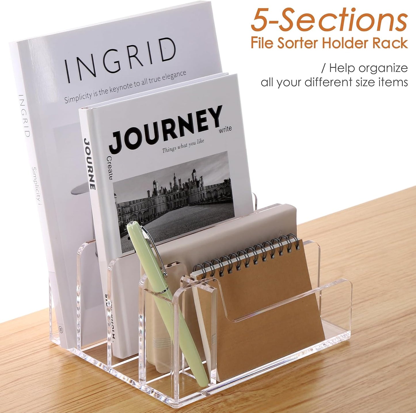 SANRUI Acrylic Mail Organizer, 5 Compartments File Holder for Desk,Letter Sorter with Pen Holder,Desk Organizers and Accessories,Clear Cute Mail Sorter