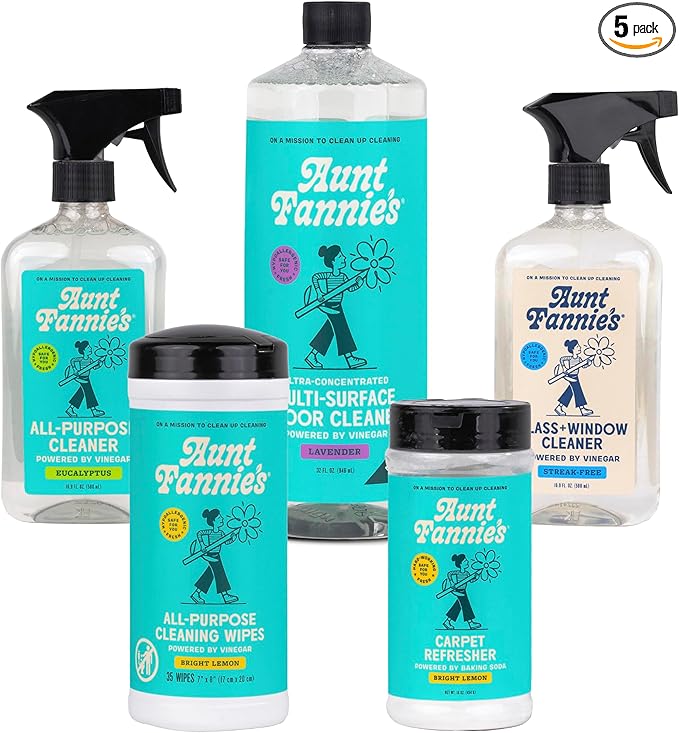Aunt Fannie's Whole Home Cleaning Bundle: All Purpose Spray, Floor Cleaner, Glass & Window Cleaner, Multi-Surface Wipes, Carpet Refresher