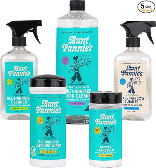 Aunt Fannie's Whole Home Cleaning Bundle: All Purpose Spray, Floor Cleaner, Glass & Window Cleaner, Multi-Surface Wipes, Carpet Refresher