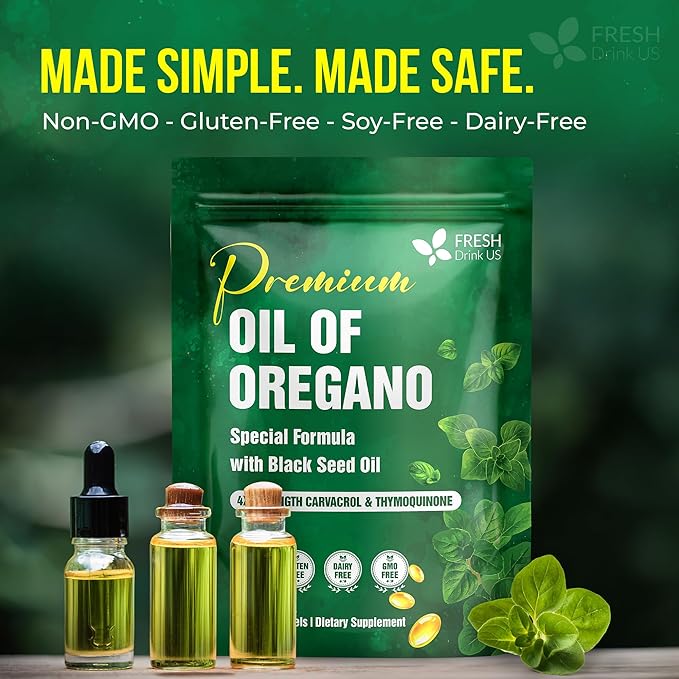 FRESHDRINKUS, Premium Oregano Oil Softgels | 330 Count | Blend of 300mg Oregano Oil (Origanum minutiflorum) + 200mg Black Seed (Nigella Sativa) – Plant-Based Source of Natural Antioxidants.
