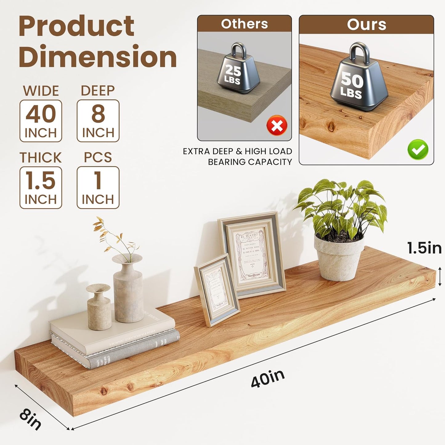 Floating Shelves, 8" Deep Rustic Solid Elm Wood Wall Mounted Floating Shelves, Wall Shelves with Invisible Bracket for Living Room Bathroom Bedroom Kitchen, 40 Inch, Natural