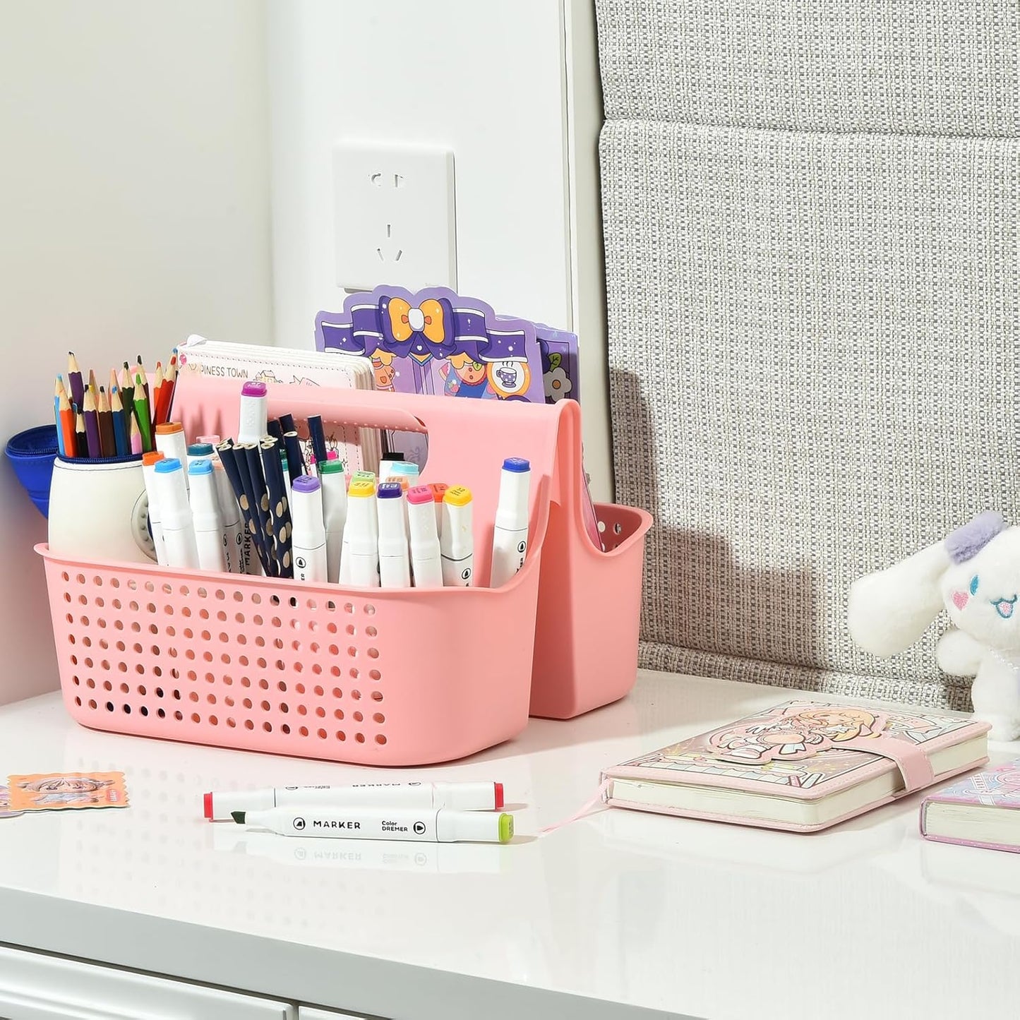 ALINK Portable Plastic Shower Caddy Basket, Large Cleaning Supply Caddy Organizer Storage Tote with Handle for Bathroom, College, Self, Cabinet, Dorm Room Essentials - Pink