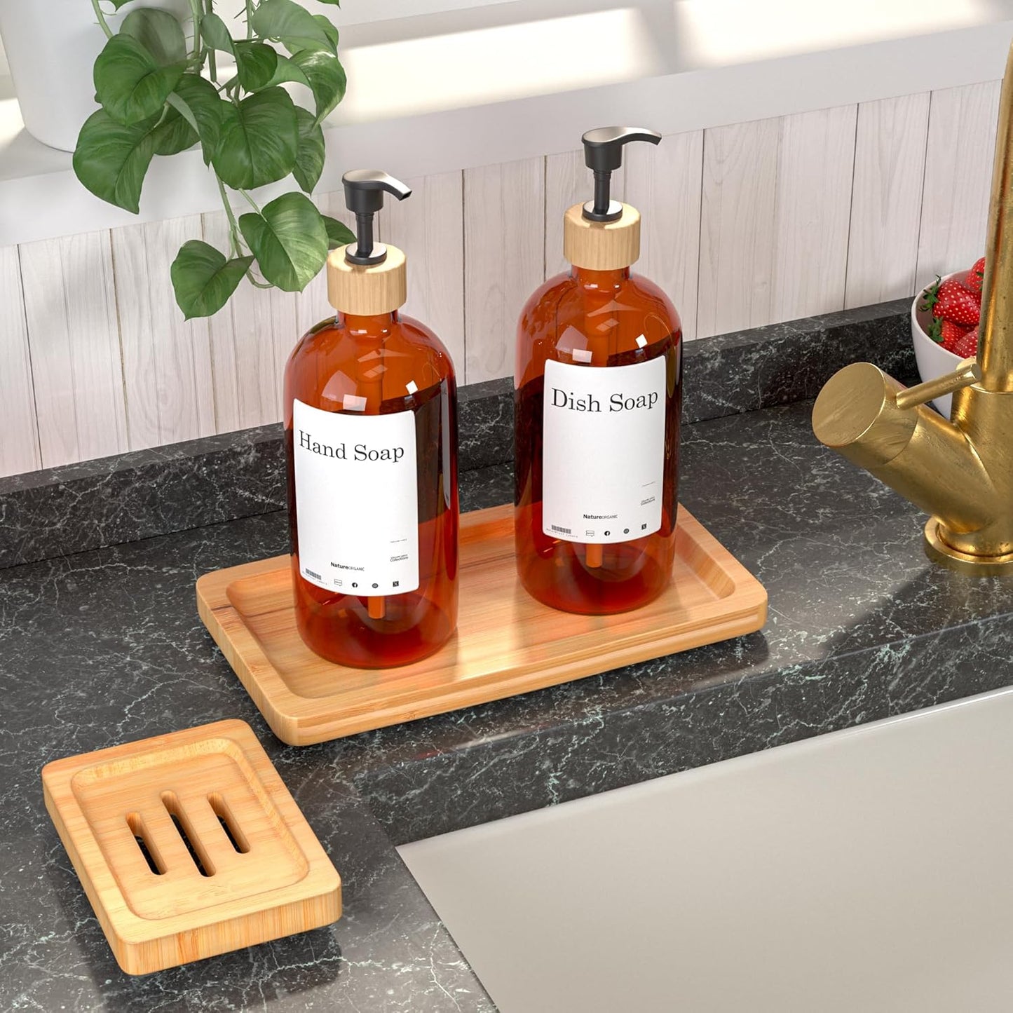 Bamboo Bathroom Accessories Set 2pcs - Wooden Bar Soap Dish Holder and Bamboo Tray for Bathroom, Kitchen Countertop, Shower, Neutral Kitchen Sink Dish Soap Tray, 9 inch, Natural
