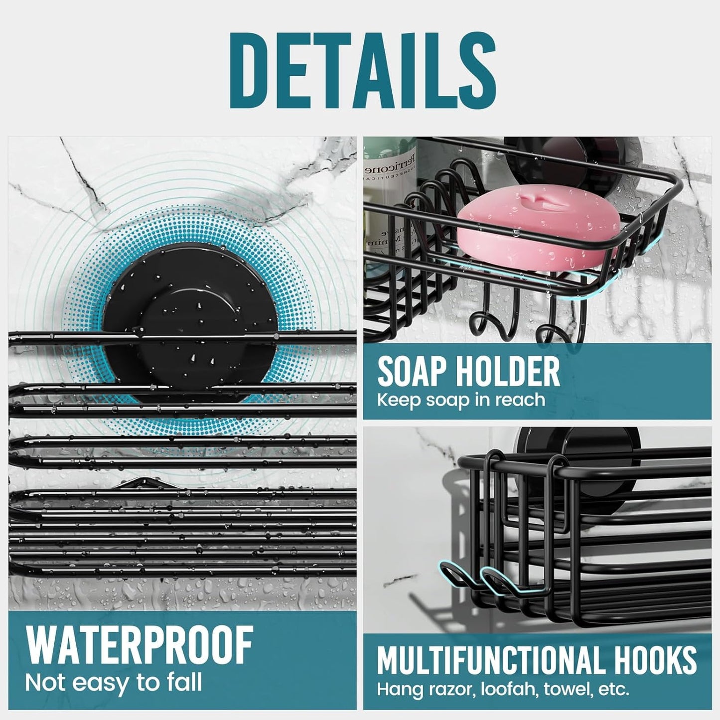 TAILI Shower Caddy Suction Cup 2 Pack with Hooks & Soap holder, Heavy Duty Shower Organizer for Bathroom, No Drilling Bathroom Organizer with Large Capacity, Black Metal Storage Basket