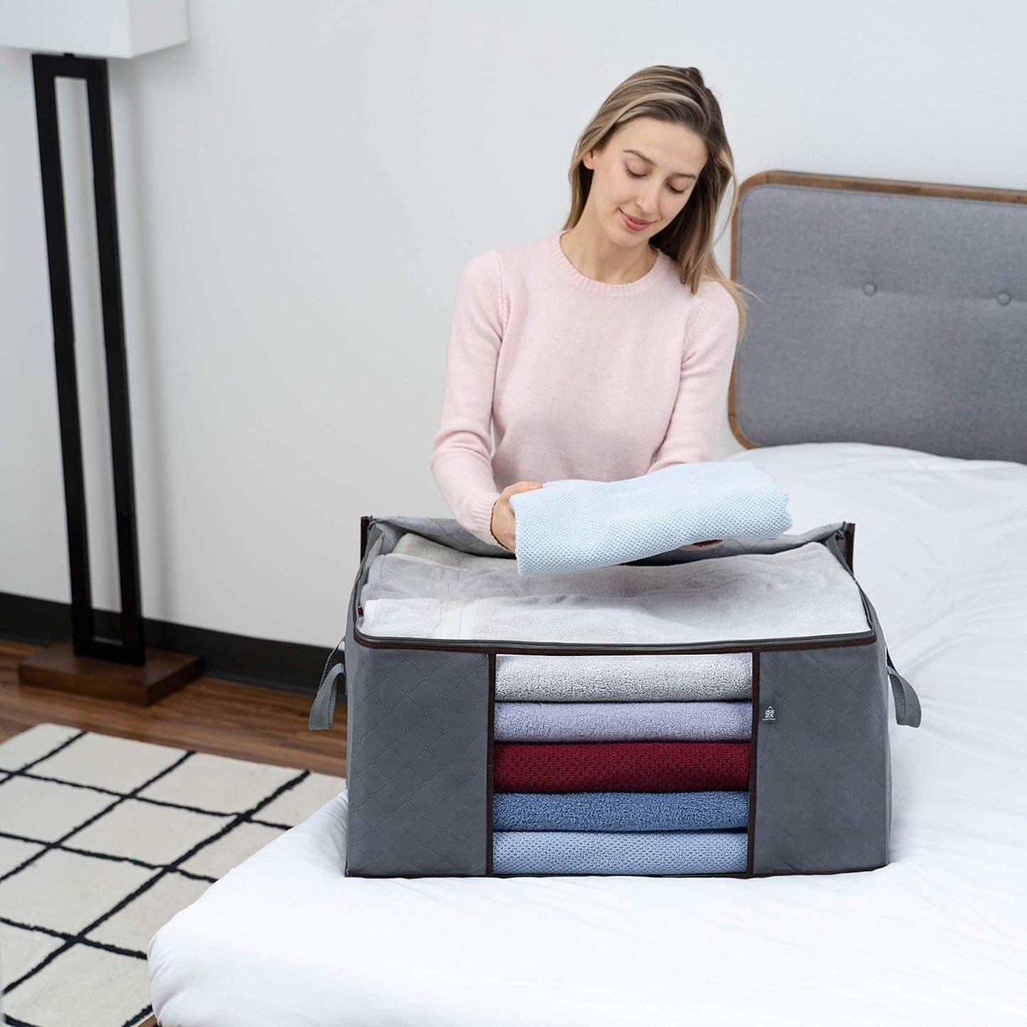 VENO 3 Pack Oversize Clothes Storage Bag Organizer with Reinforced Handle Thick Fabric for Comforters, Blankets, Bedding, Foldable with Sturdy Zipper, Clear Window, Grey, Reusable (34 Gallon)