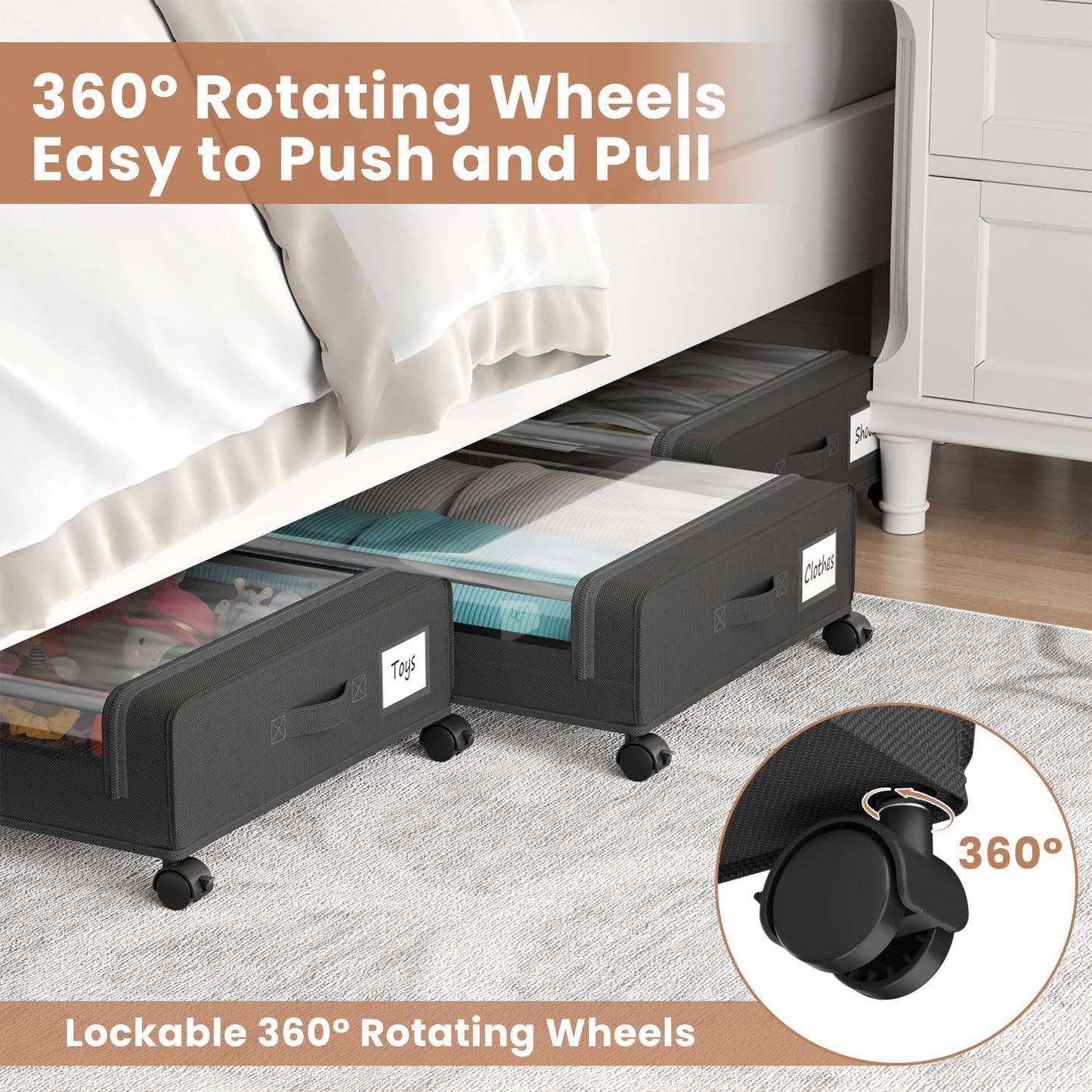 Under Bed Storage Containers with Clear Lid, Large Under Bed Storage with Wheels,6.22"H Under Bed Containers Rolling Under Bed Cart, Fabric & Metal Frame Under Bed Drawer for Clothes ;Black, 2 Pack