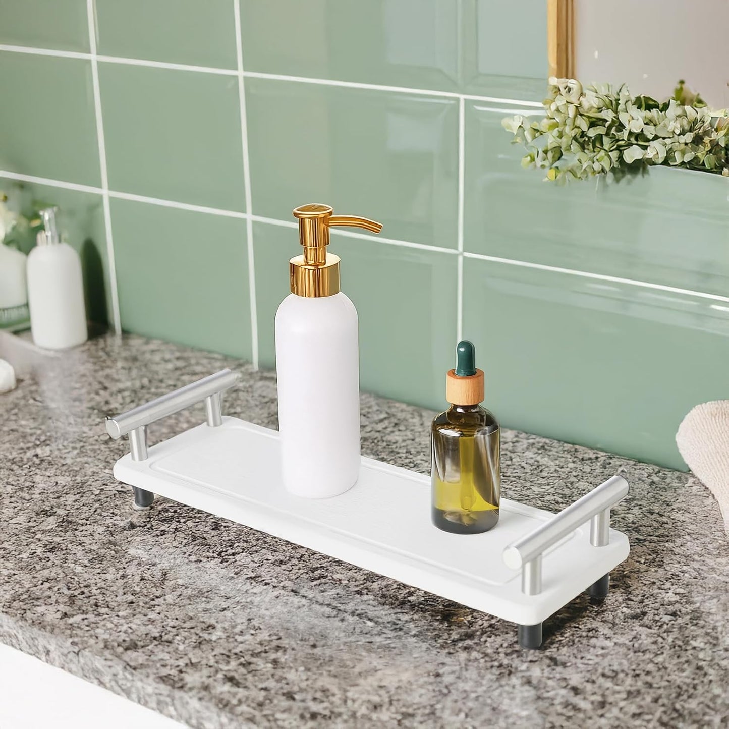 2PCS Bathroom Counter Tray, Diatomaceous Tray Fast Dry Stone, Fast Drying Diatomite Earth, Drying Stone for Kitchen Countertop, Instant Dry Sink Caddy (White & Silver Handle, Small)