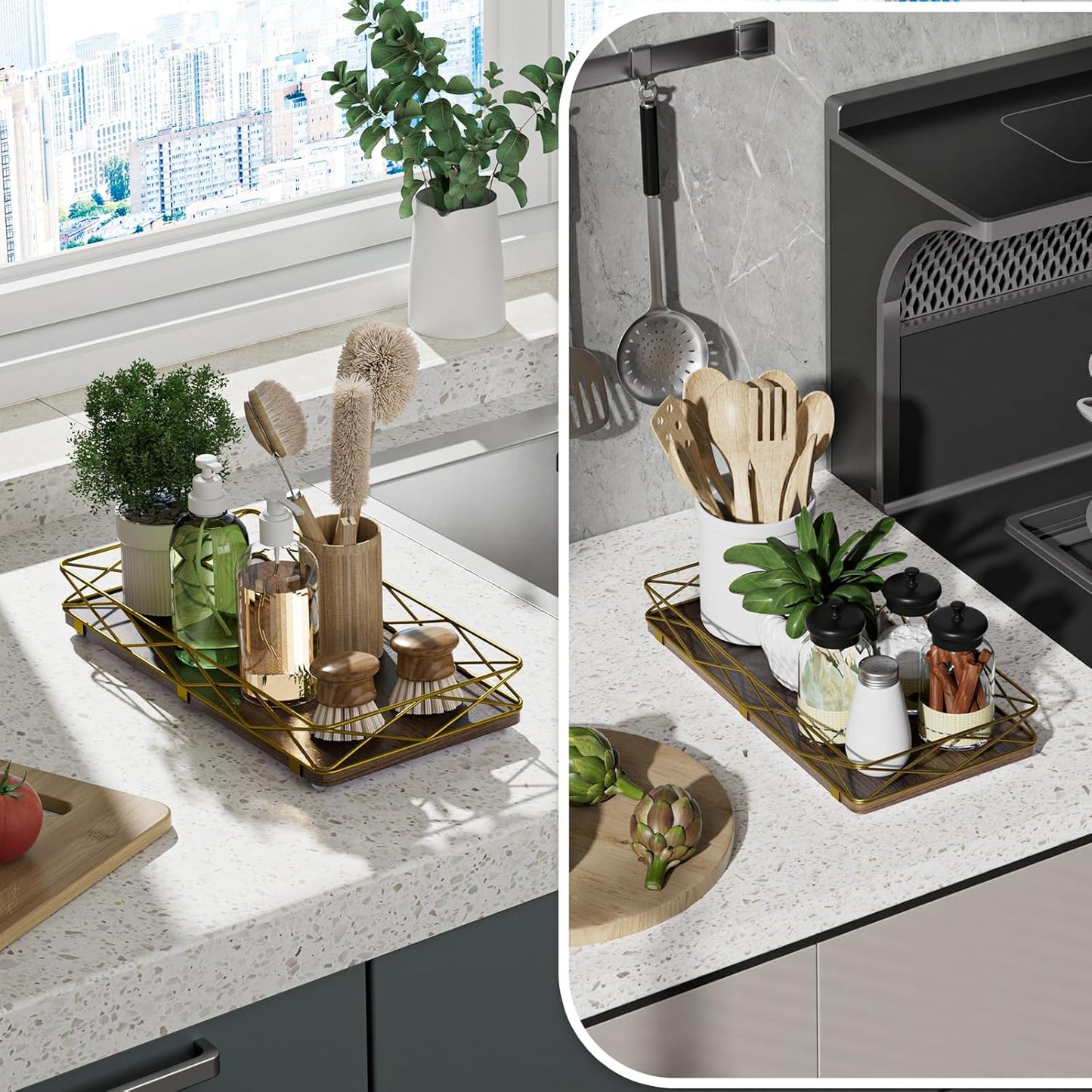 Toilet Paper Basket Holder, 13" Bathroom Tray Countertop, Wood and Metal Toilet Tank Tray Bathroom Vanity Organizer for Toiletry, Kitchen Sink Organizer for Soap Dispenser (Brown+Gold)