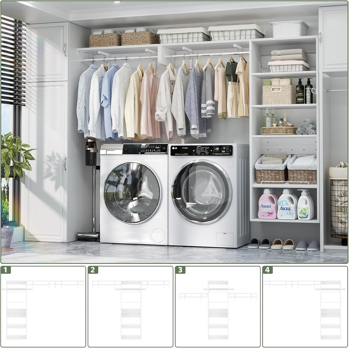 Unikito Over Washer and Dryer Storage Shelf, 8FT Wall Mounted Laundry Room Organizer, Space Saver Clothes Drying Rack with Hanger Rod, 6-Tier Heavy-Duty Closet System with Adjustable Shelves, White